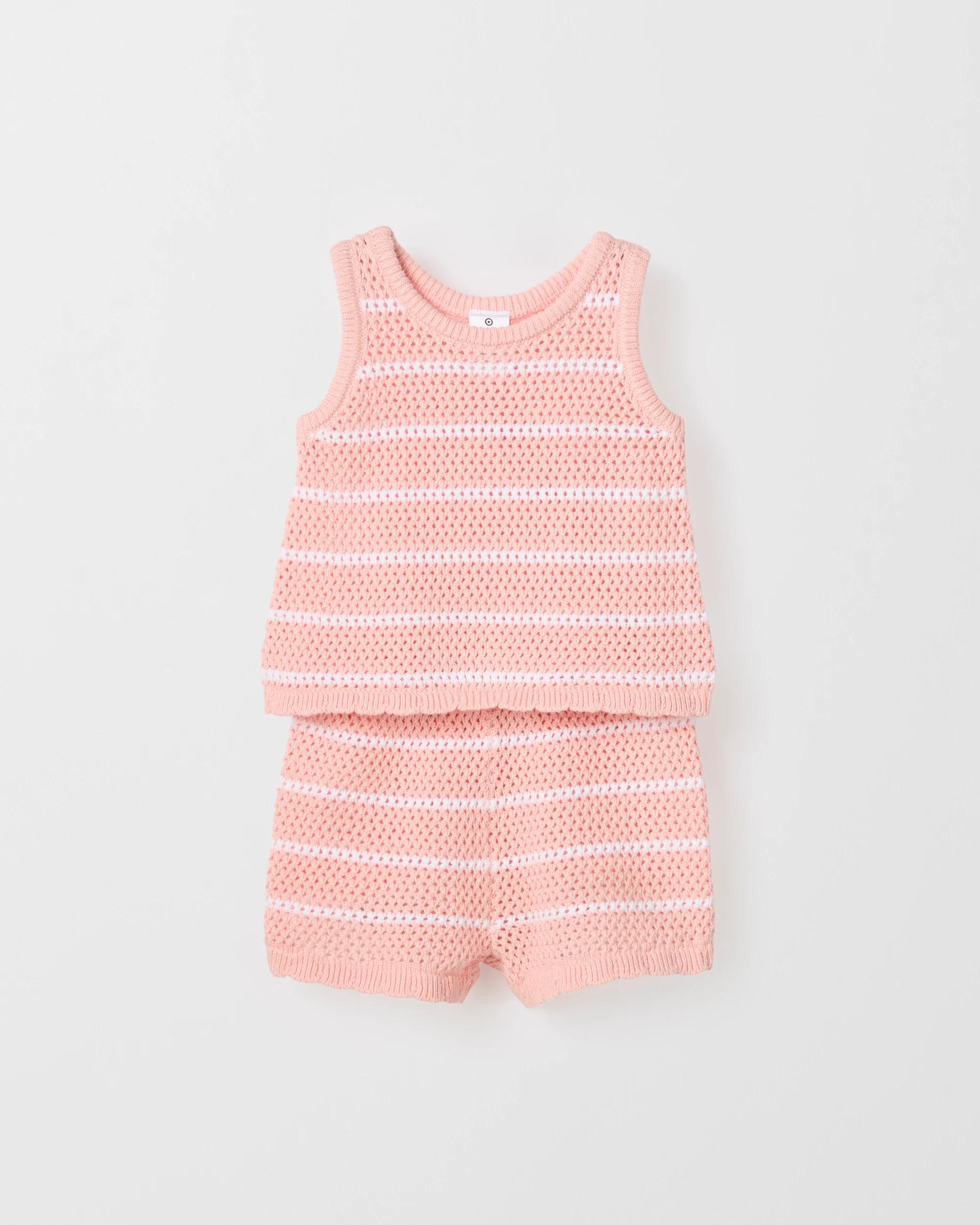 1 Target Organic Cotton Baby Crochet Top And Short 2 Piece Set PINK STRIPE, 1 of 2