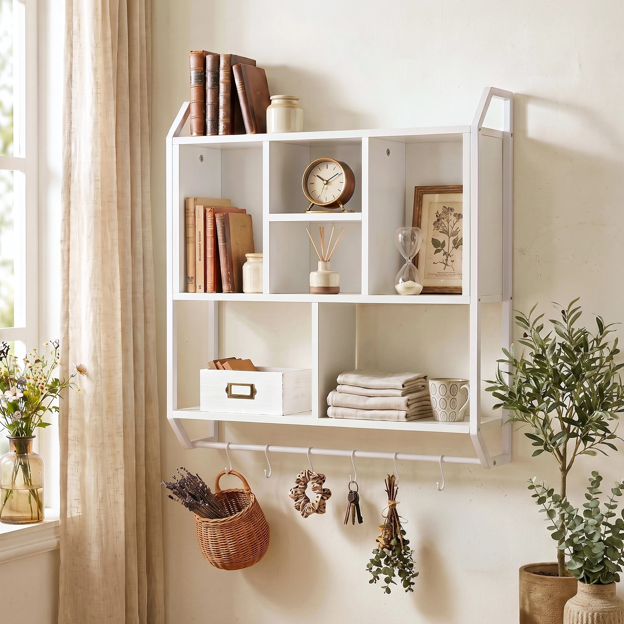 2 Artiss Floating Wall Shelf 6 Hooks Wall Mounted Storage Cubby Rack 73.5x74CM - White, 2 of 8