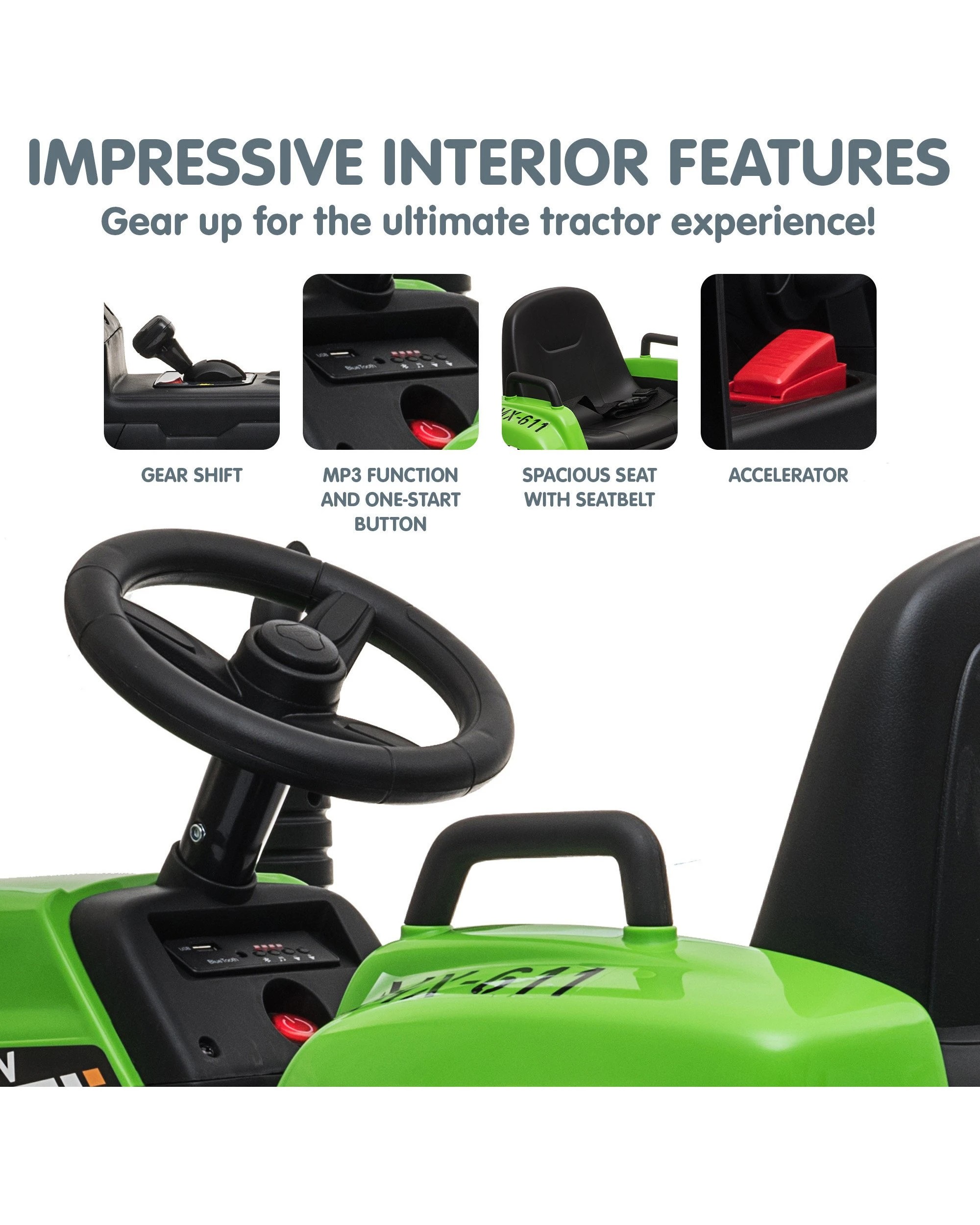 8 Kahuna MX-611 Kids Electric Ride On Tractor Trailer Car Green Grey, 8 of 10