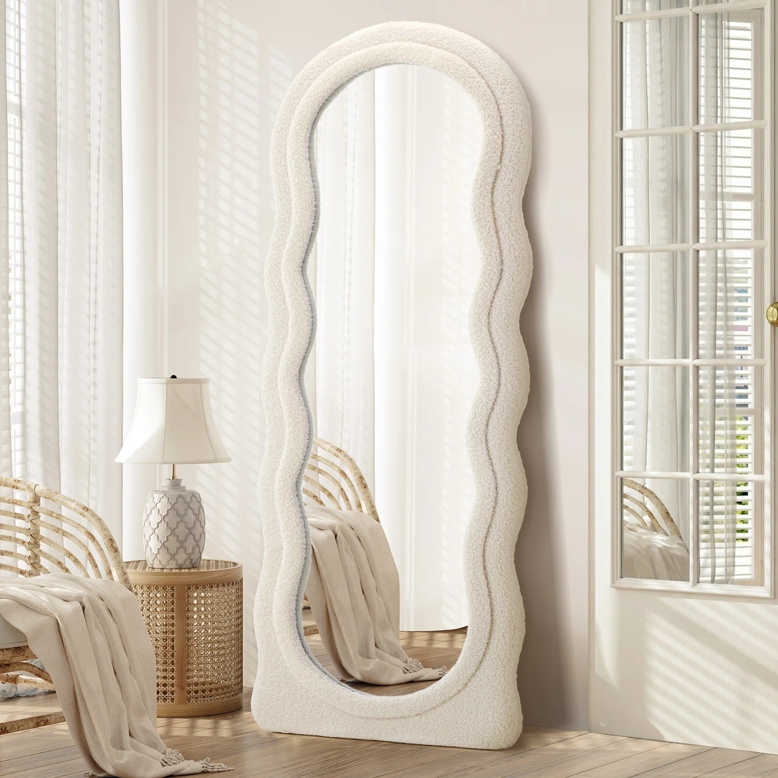 3 Oikiture Full Length Mirror 180cm Boucle Floor Standing Mirrors Dressing Makeup - White, 3 of 9