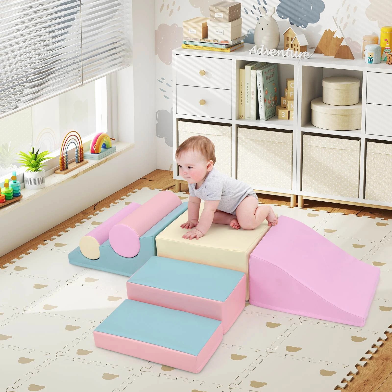 2 Costway 7PCS Soft Climbing Play Set Foam Blocks - Pink, 2 of 2