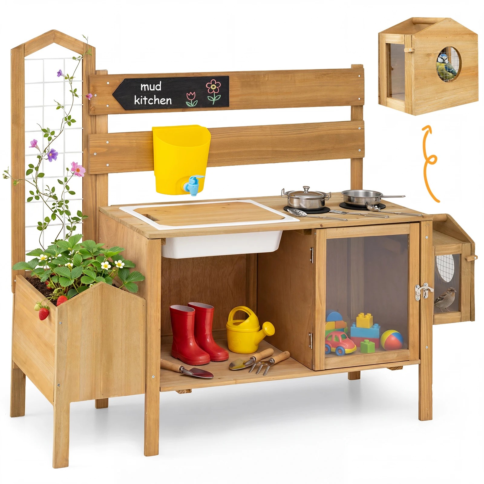 1 Costway Mud Kitchen Pretend Play Kitchen Outdoor Wooden Playset Detachable Bird Cage - Natural, 1 of 4