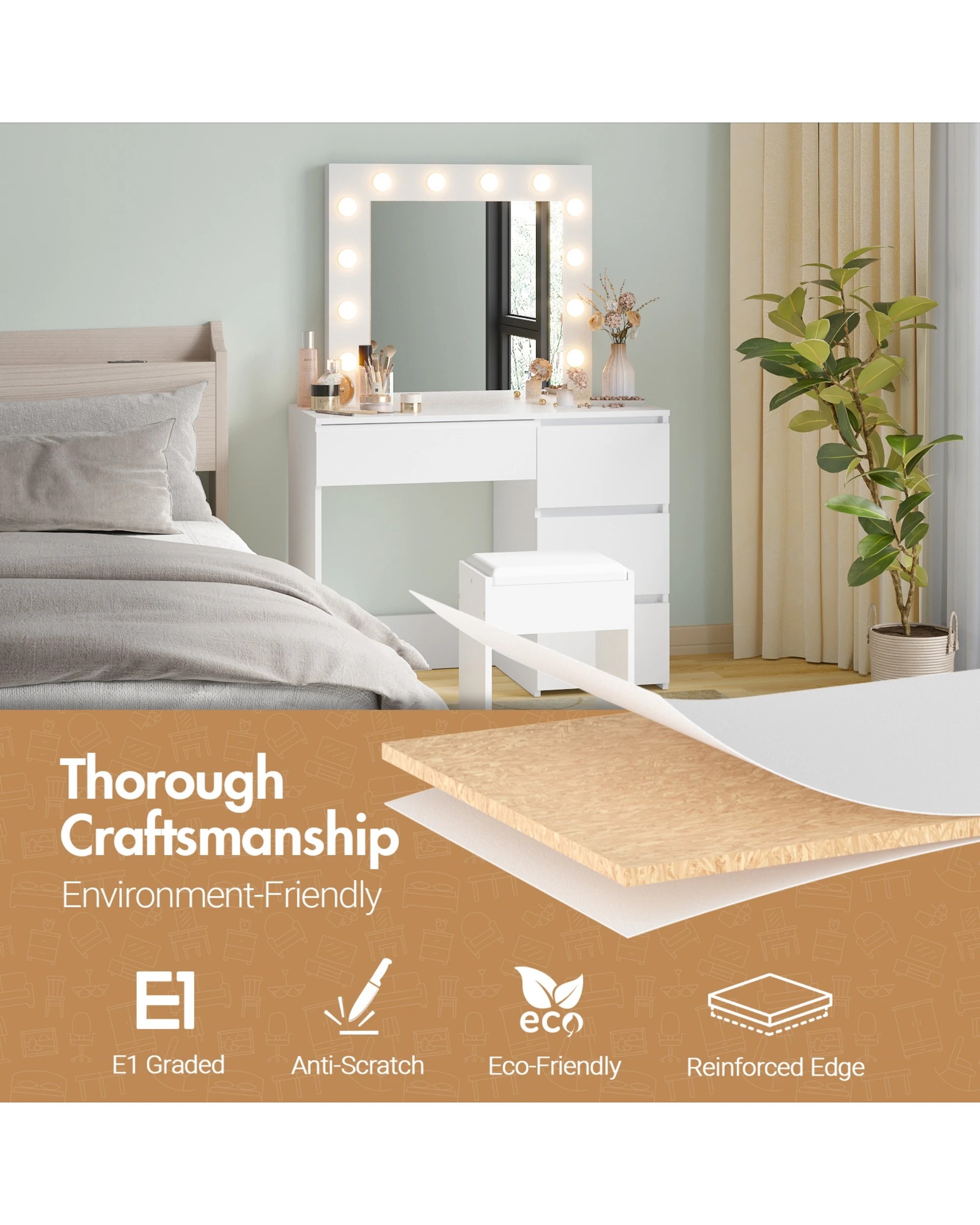 7 Advwin Dressing Table Stool Set With 12 Led Adjustable Bulbs 3 Drawers
 - White, 7 of 9