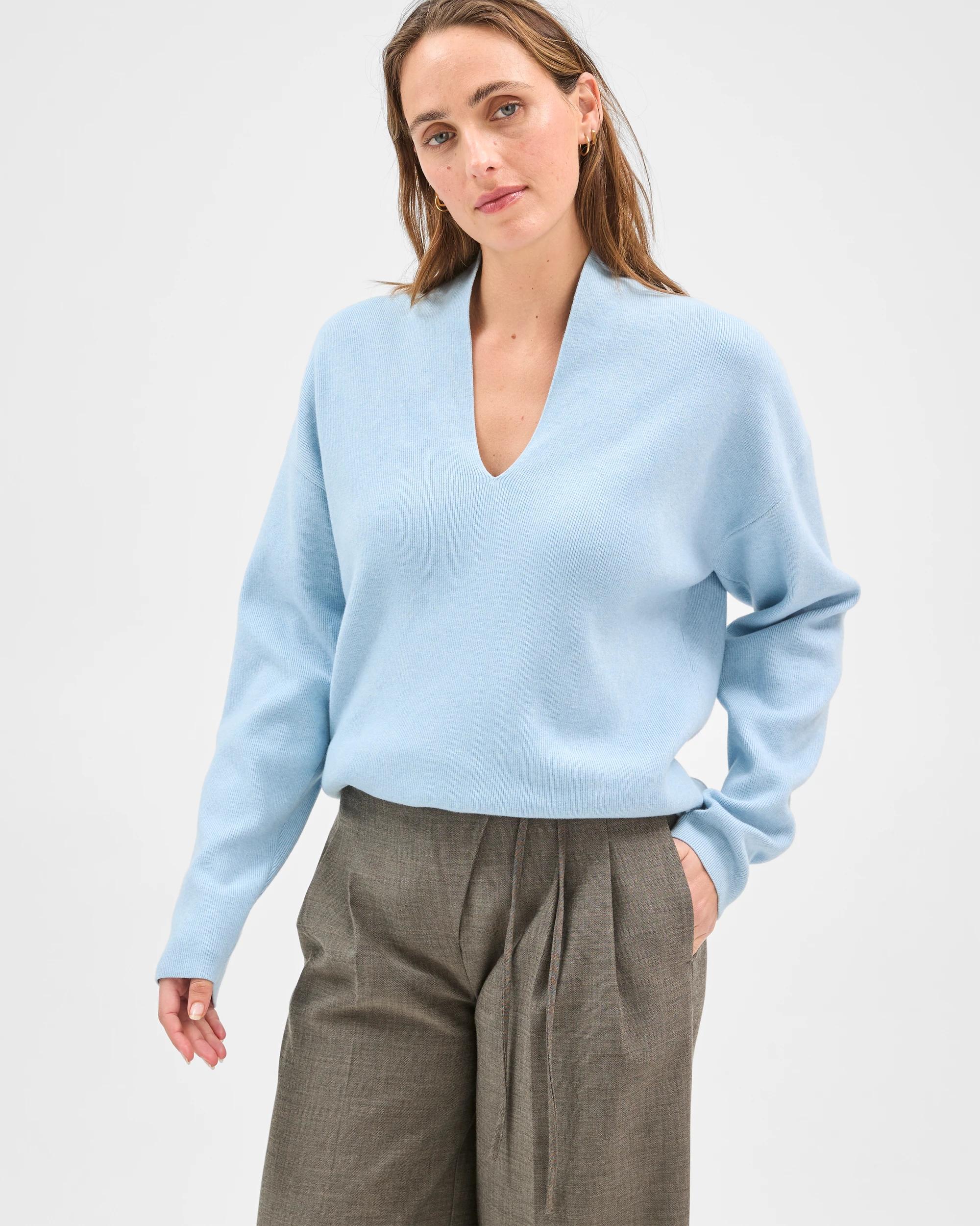 4 Preview Australian Cotton Blend Long Sleeve Deep V-Neck Jumper BLUE MIST, 4 of 7