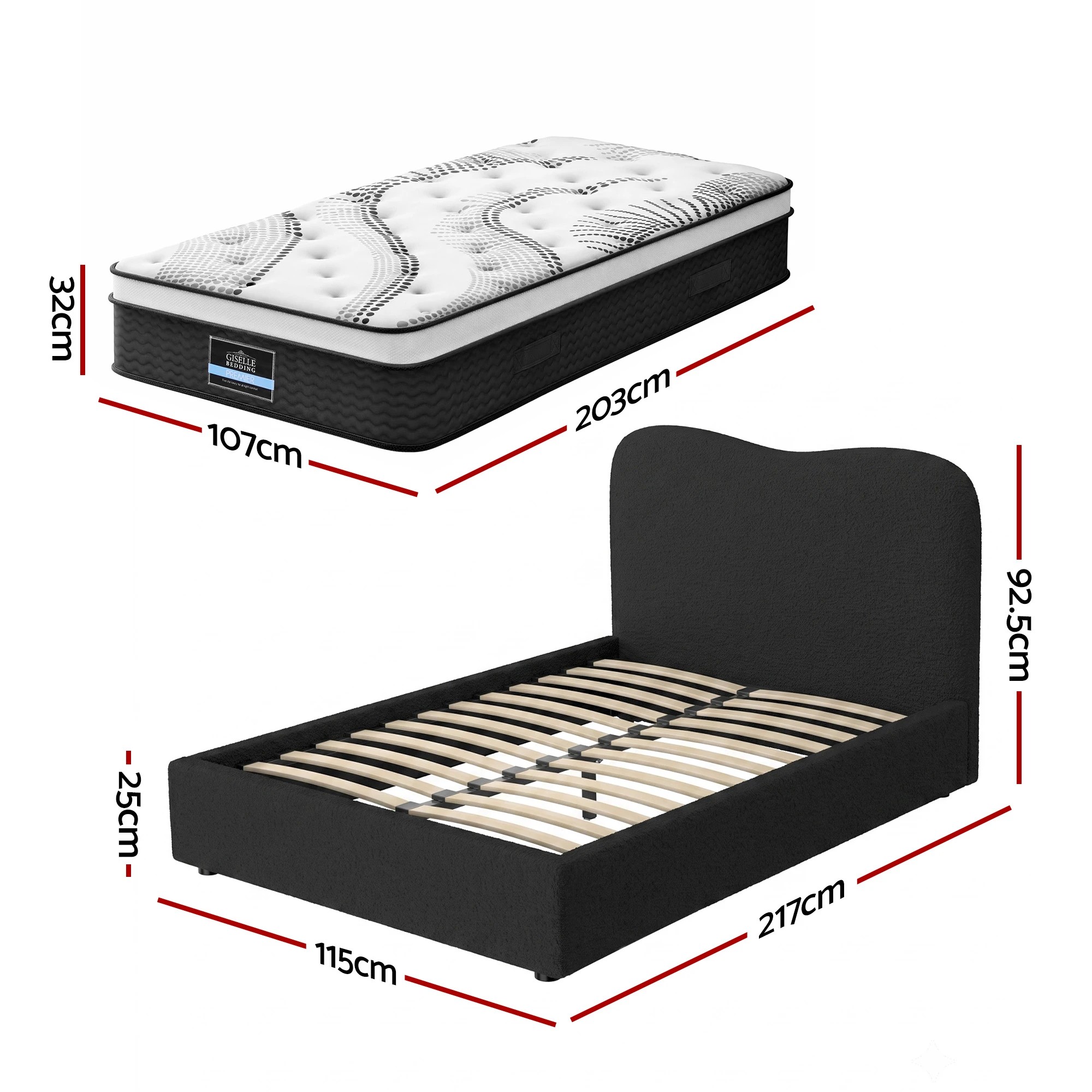 2 Giselle Bedding 32cm Euro Top King Single Mattress 5-Zone and Artiss Boucle Bed Frame Set - King Single Bed - Multi, 2 of 9