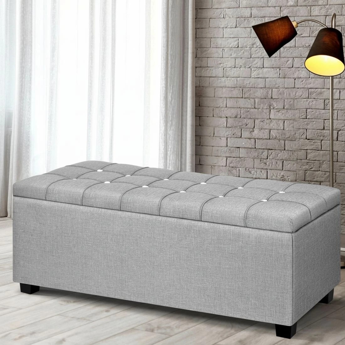 7 Artiss Storage Ottoman Blanket Box 97cm Button Linen - Grey, 7 of 7