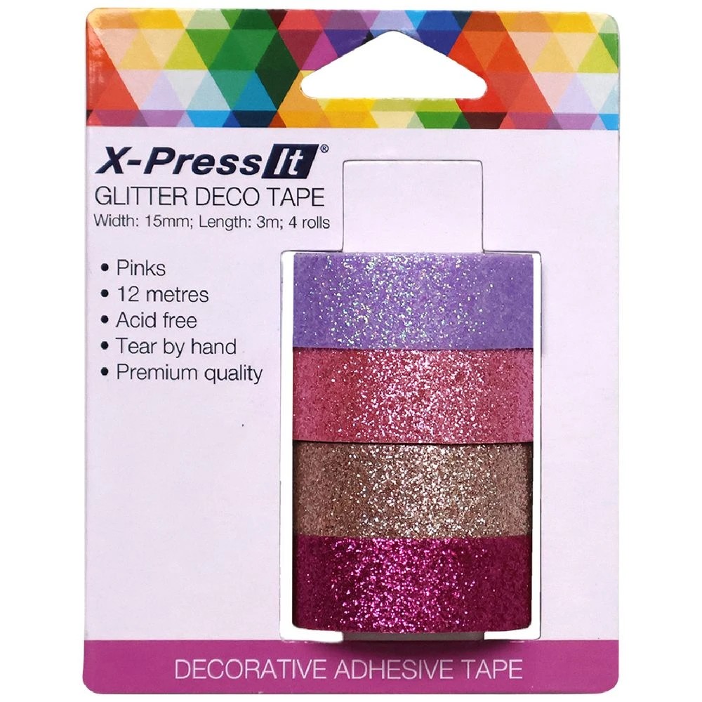 1 X-Press It Glitter Deco Tape 15mm x 3m Pink 4 Pack, 1 of 3