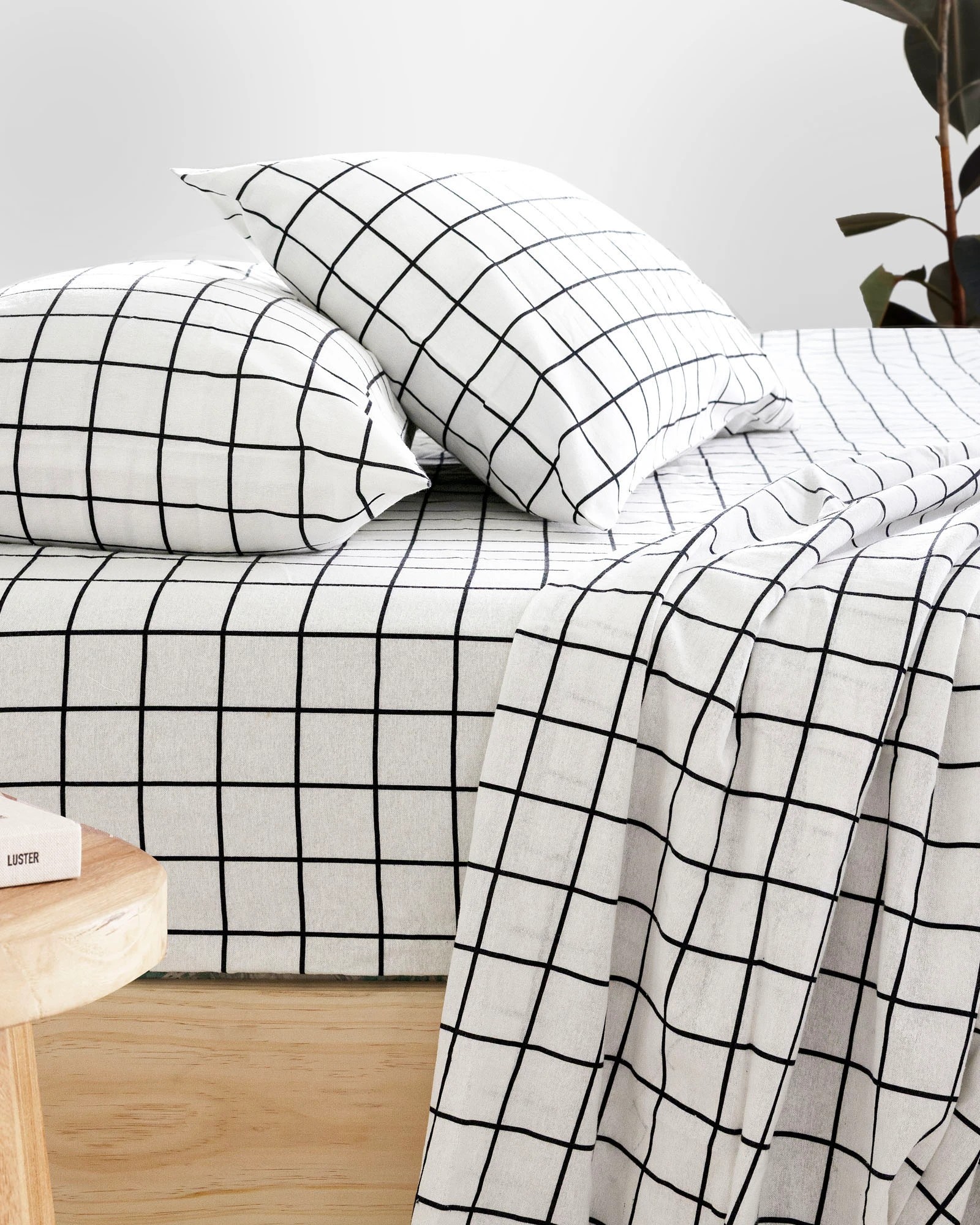 1 Bambury Grid  Brushed Cotton 160GSM Flannelette Sheet Set - Double Bed - Black - Double Bed - Black, 1 of 3