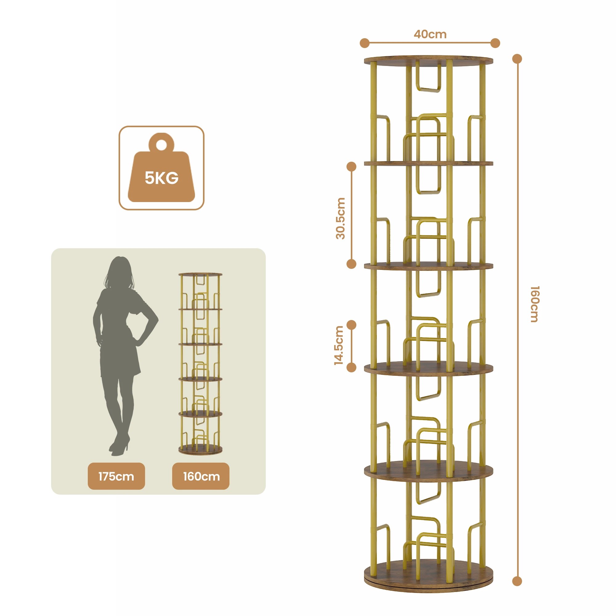 2 Advwin 5 Tier Rotating Bookshelf Round Corner Standing Display Shelf Organizer - Gold, 2 of 6