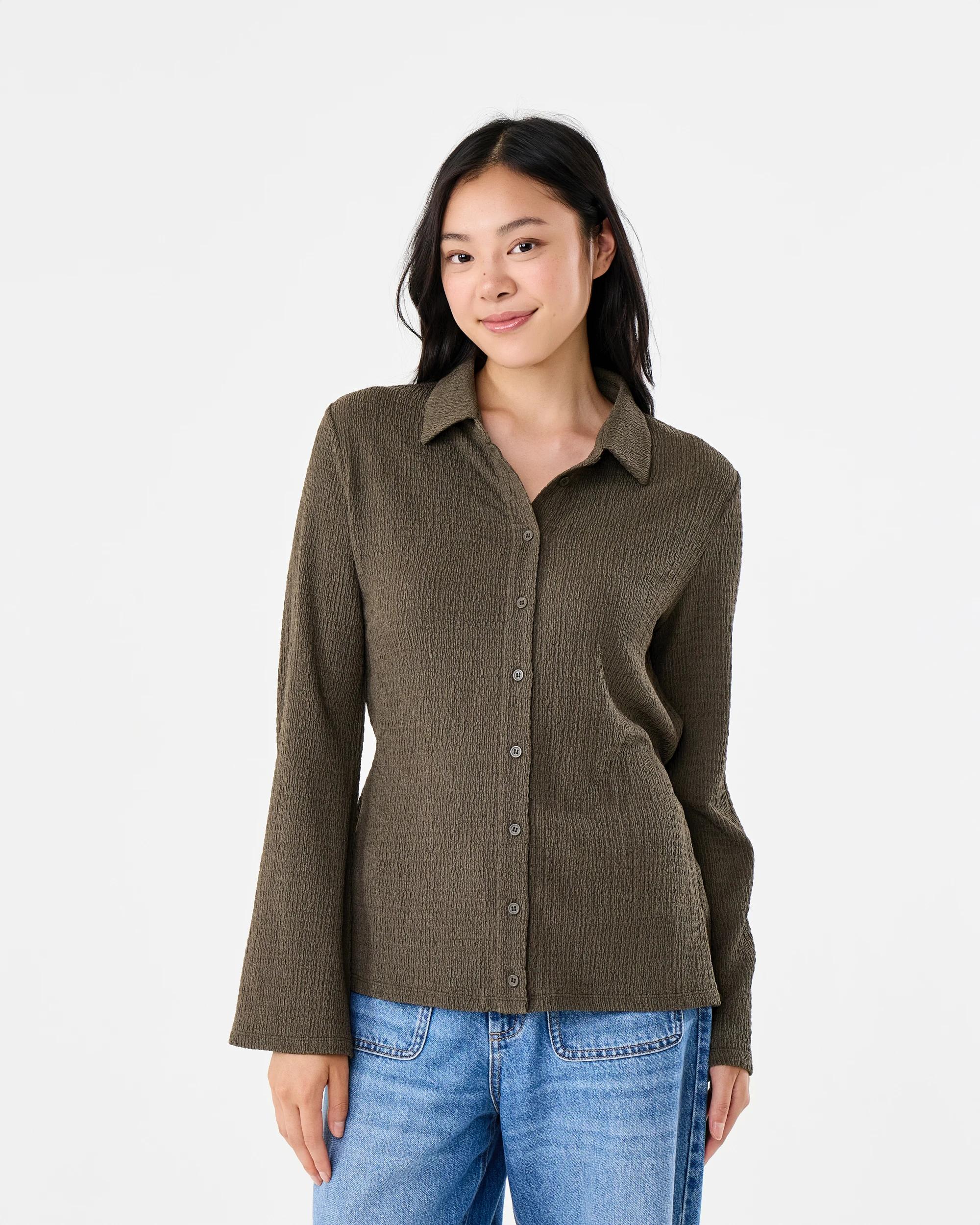 1 Long Sleeve Textured Tie Back Shirt Deep Olive, 1 of 7