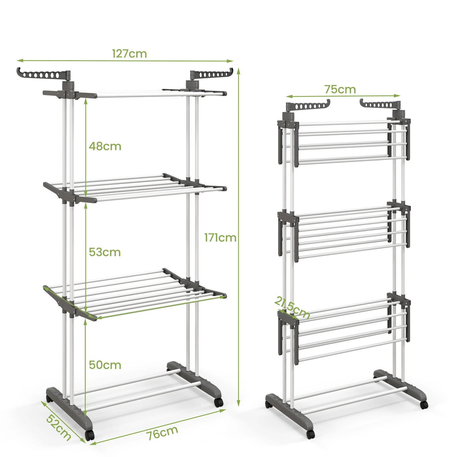 2 Costway 3-Tier Mobile Clothes Drying Rack Folding Clothes Airer Laundry Drying Stand, 2 of 4