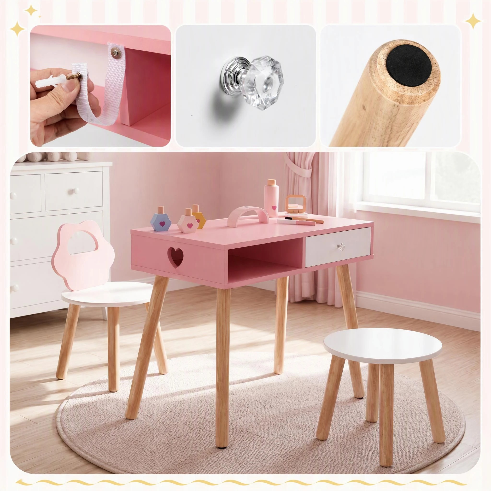 7 Costway Table Chair & Stool Set Pretend Nail Salon Playset - Pink, 7 of 9