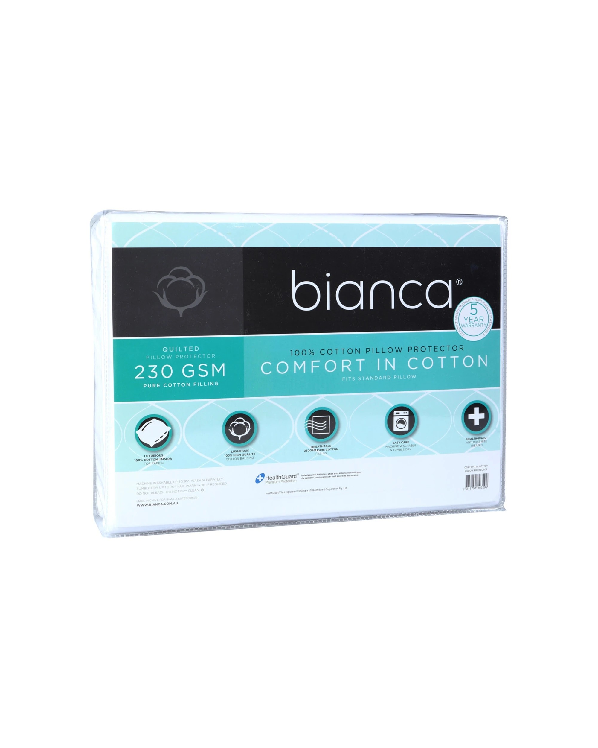 1 Bianca Comfort In Cotton 230gsm Quilted Pillow Protector - White, 1 of 3