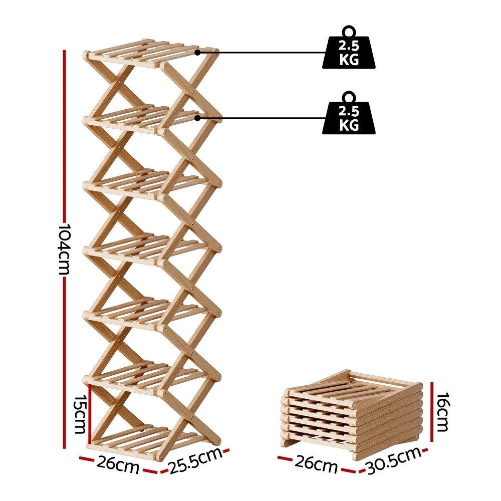2 Artiss 7 Tier Bamboo Foldable Shoe Rack Organizer - Natural, 2 of 3