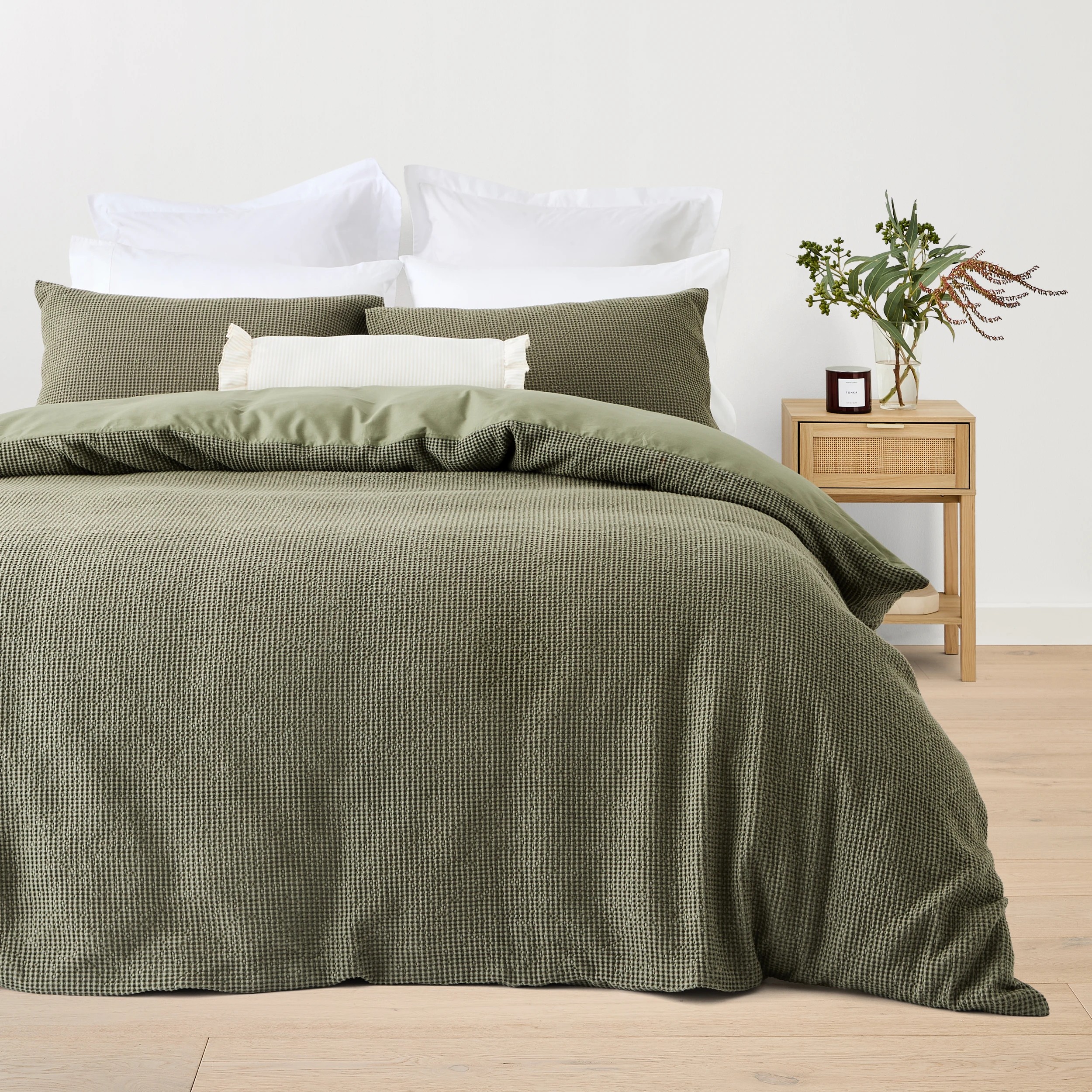 1 Waffle Stonewashed Cotton Quilt Cover Set - Double Bed, Forest, 1 of 6
