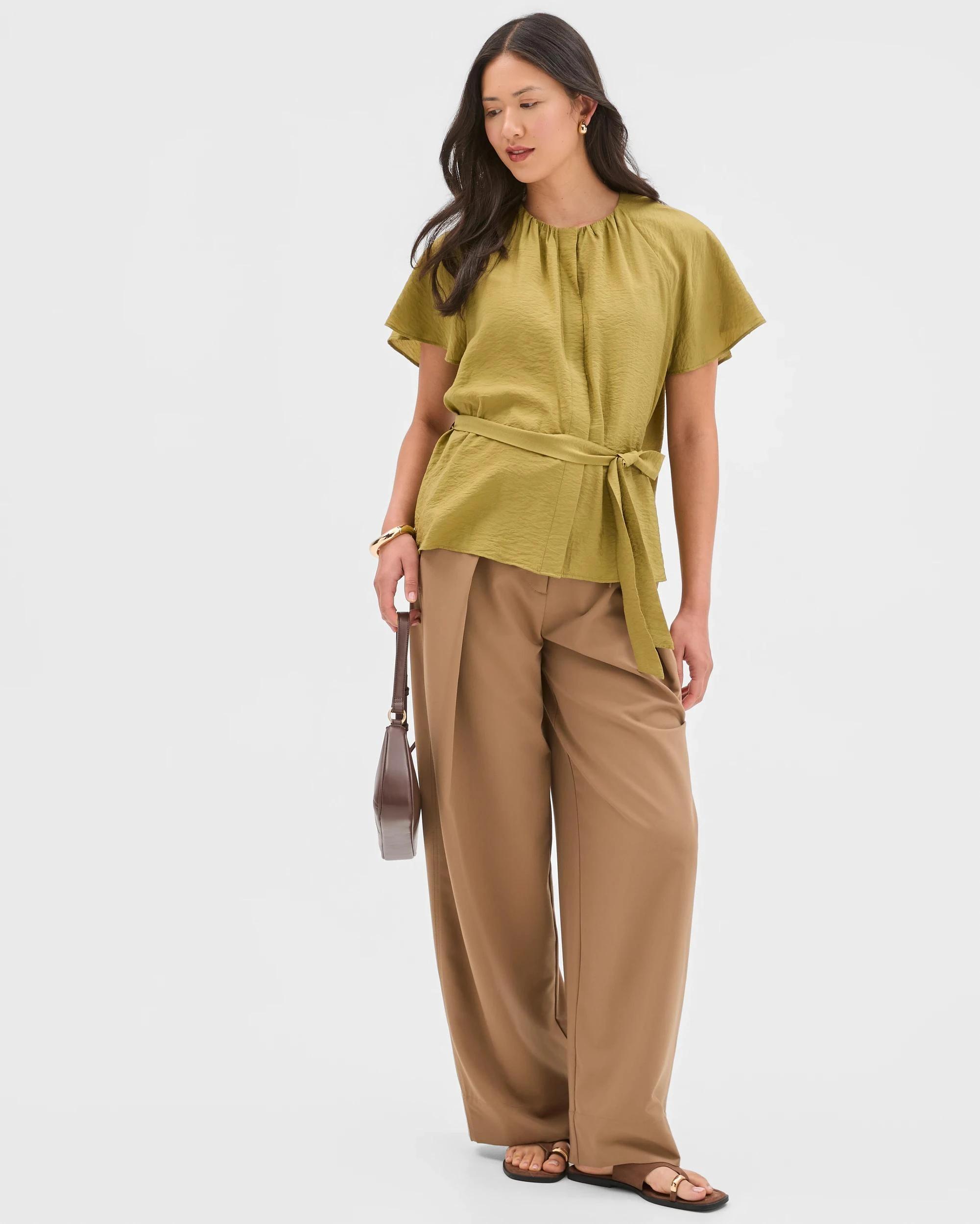 1 Preview Short Sleeve Belted Blouse OLIVE GREEN, 1 of 6