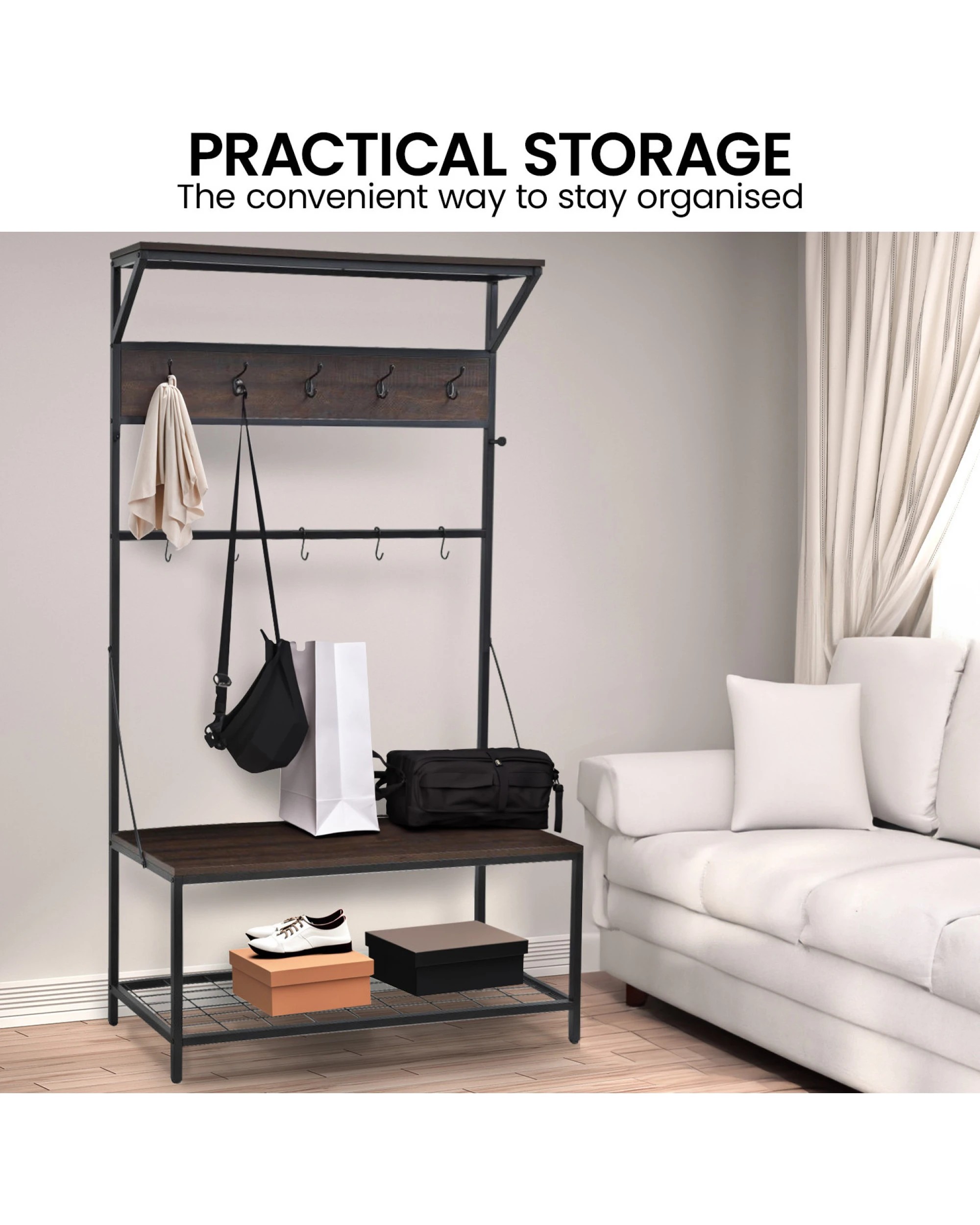 8 Sarantino 4-in-1 Hall Tree Entryway Coat Rack Hall Stand, 8 of 10