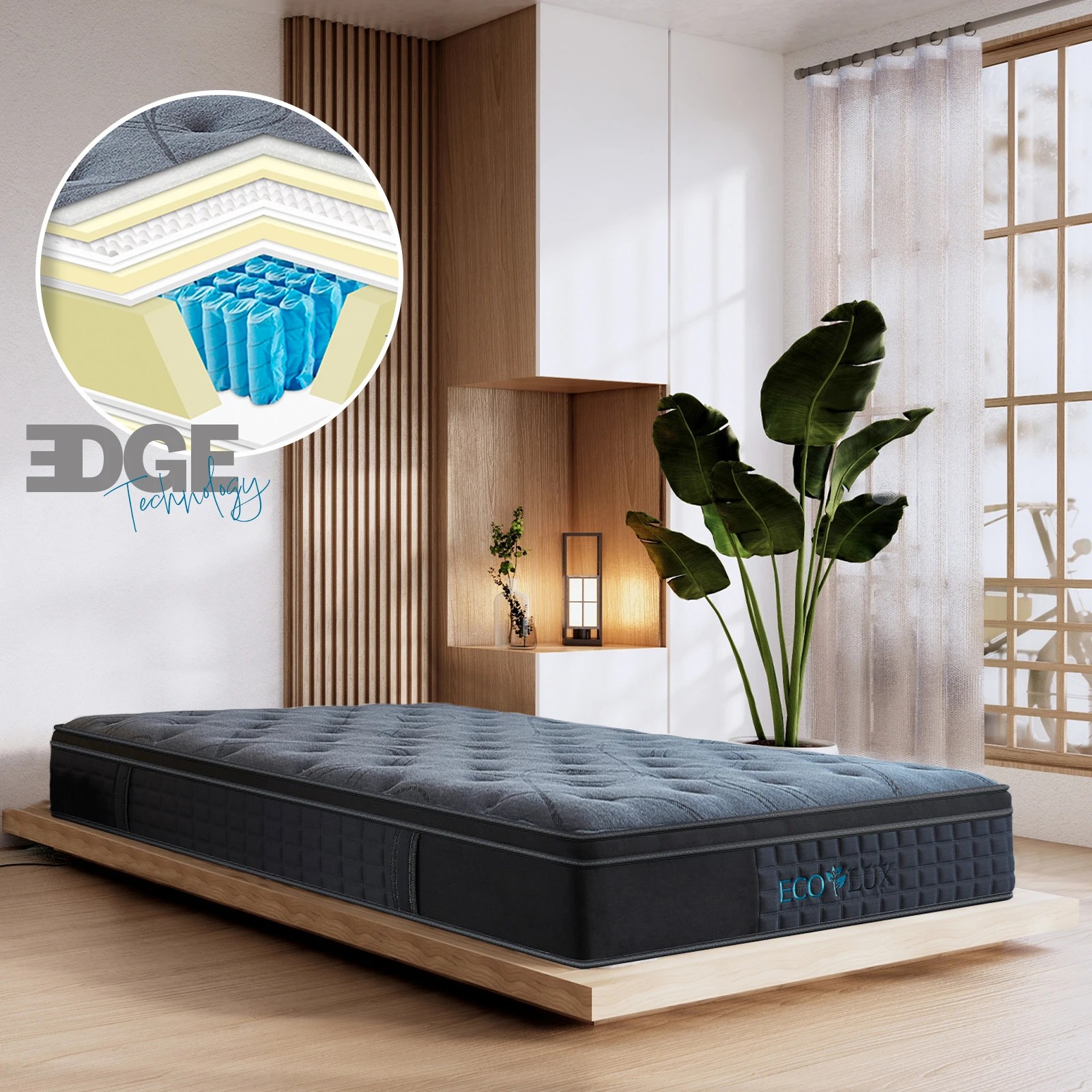 2 Eco Lux Edge Support 7-Zone Pocket Spring Euro Top Mattress Medium Firm - Single Bed - Charcoal, 2 of 10