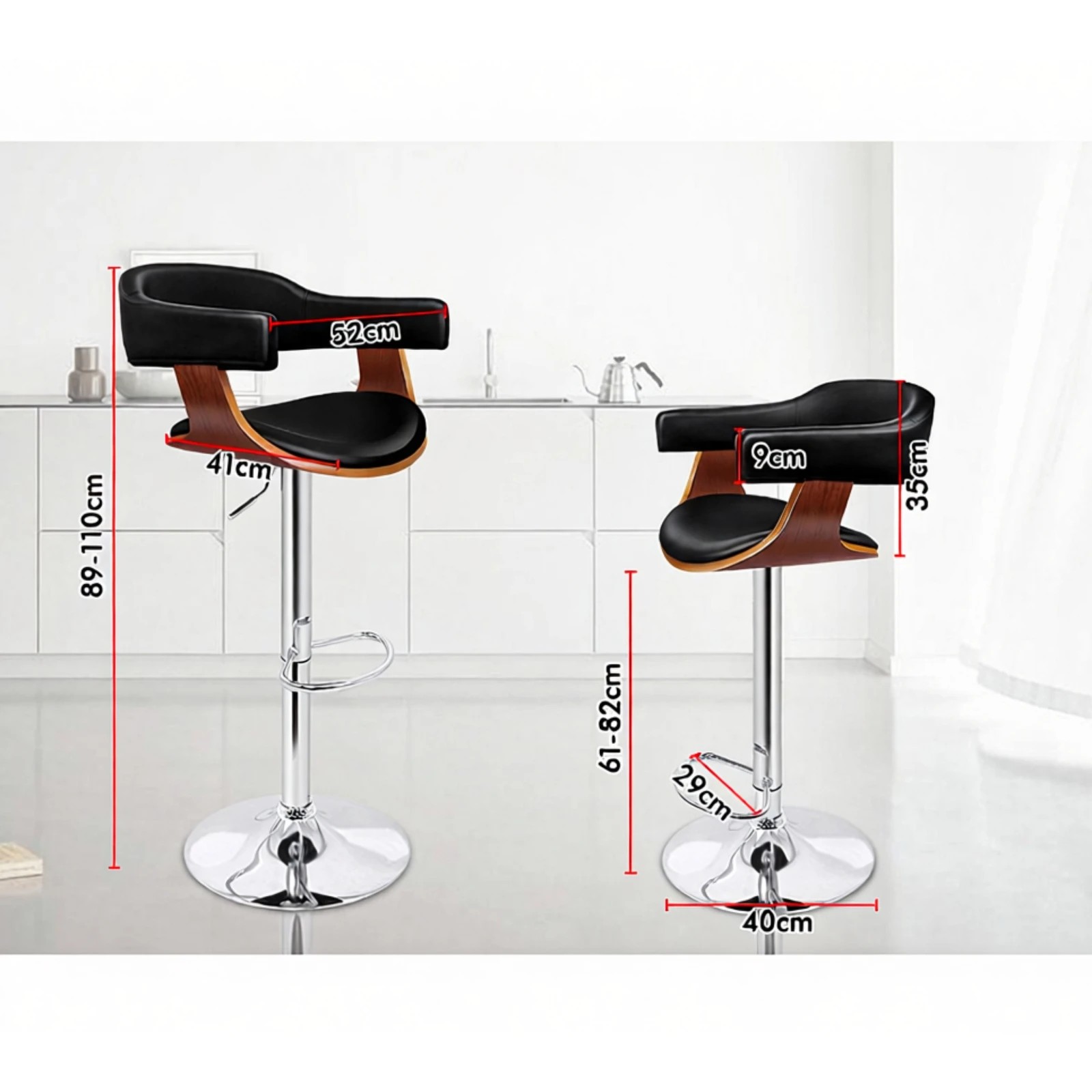 8 Alfordson 4x Bar Stools Joan Kitchen Swivel Chair Wooden Leather Gas Lift - Black, 8 of 10