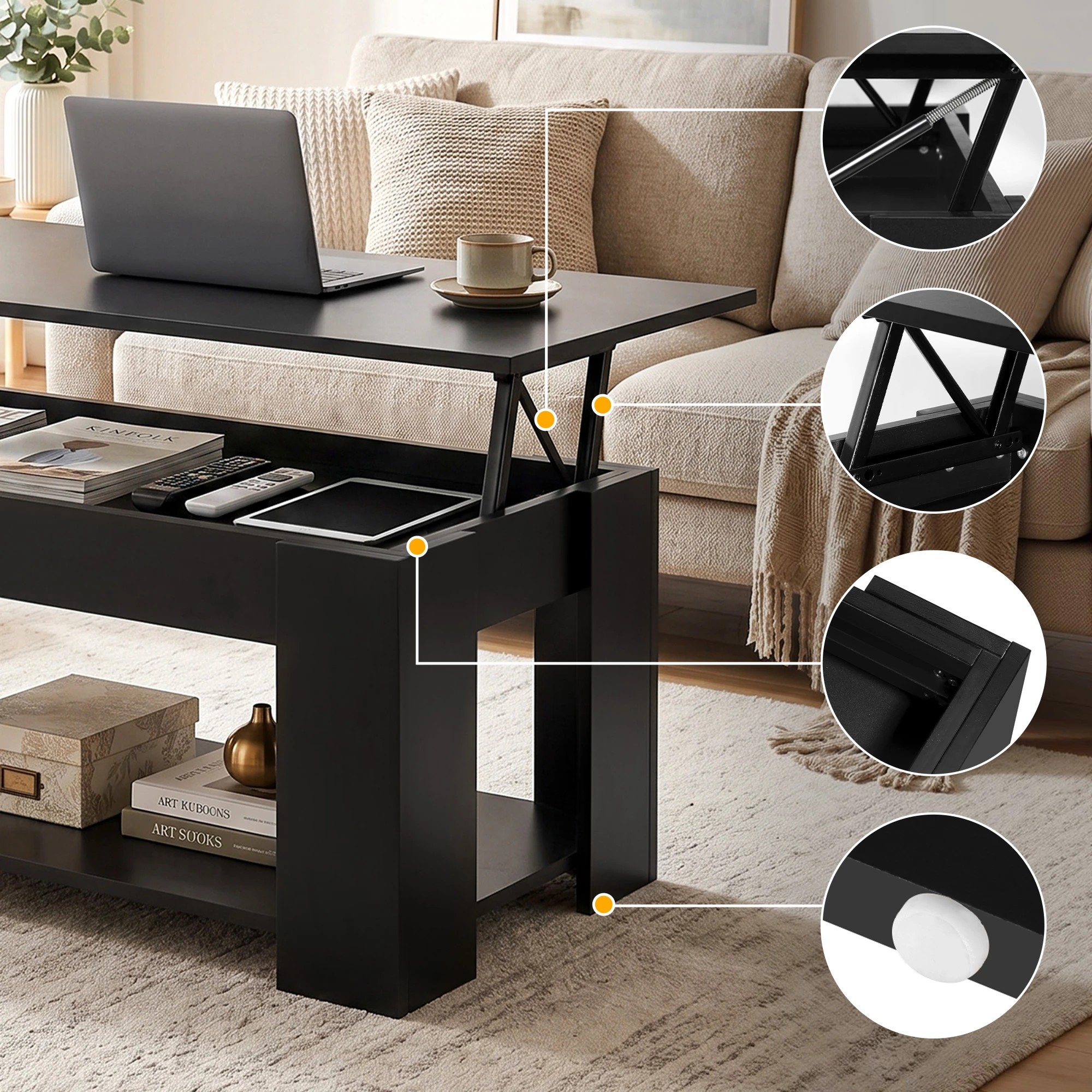 9 Artiss Floating TV Unit & Lift Up Coffee Table Set with Hidden Storage Space High Gloss Front - Black, 9 of 10