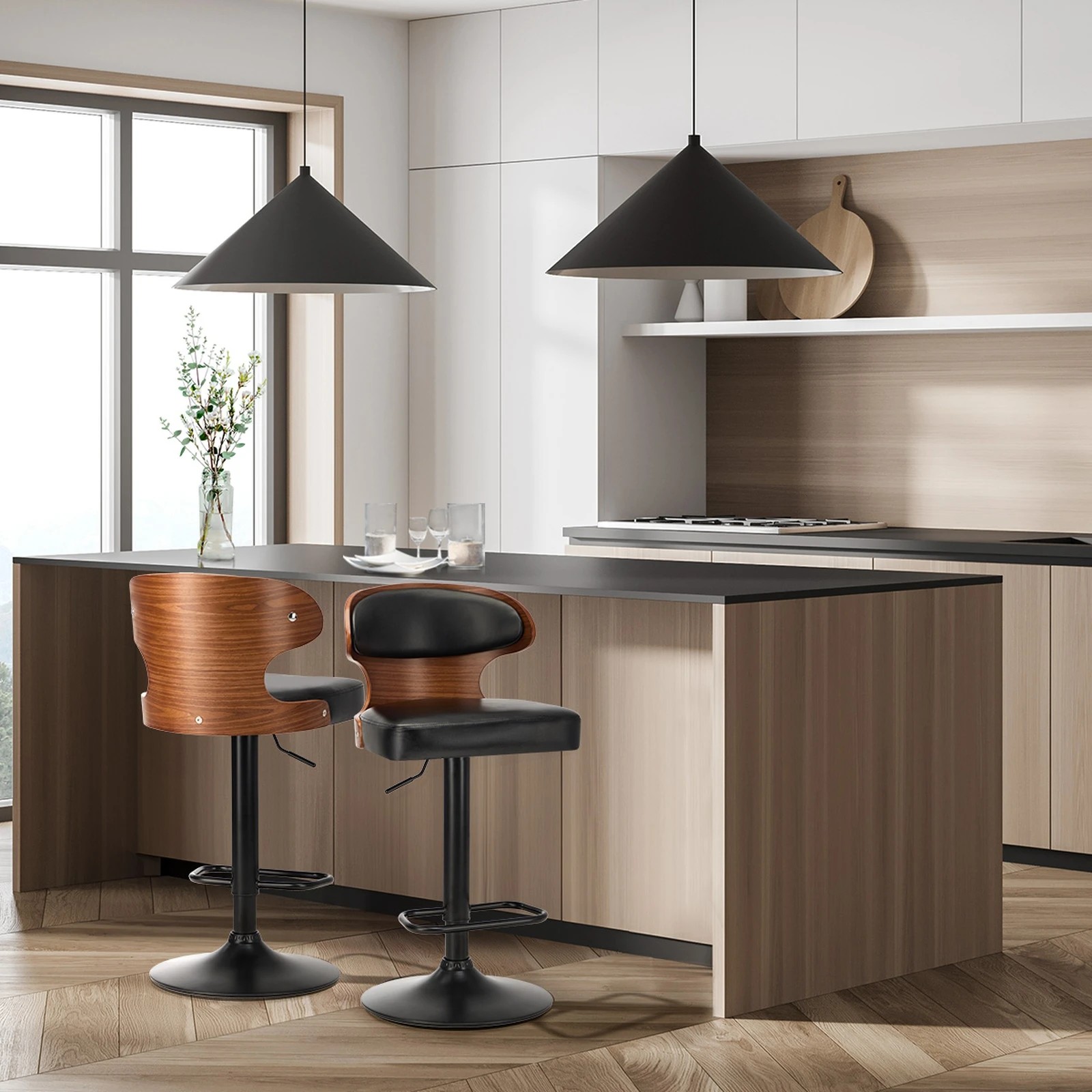 3 Oikiture 2x Bar Stools Kitchen Gas Lift Swivel Chairs Stool Wooden Barstool - Black, 3 of 9