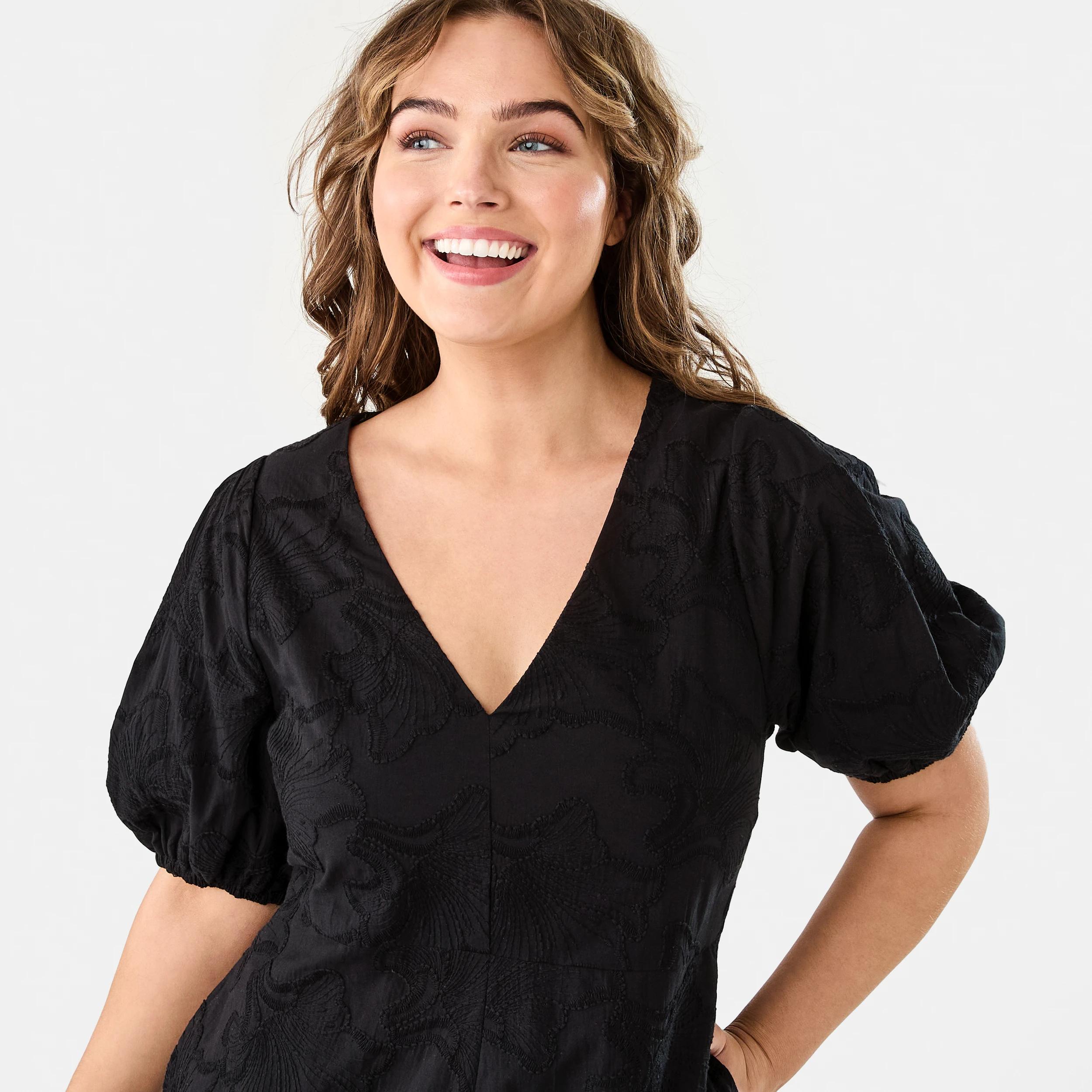 5 Short Sleeve Broderie Puff Sleeve Mini Dress Black, 5 of 10