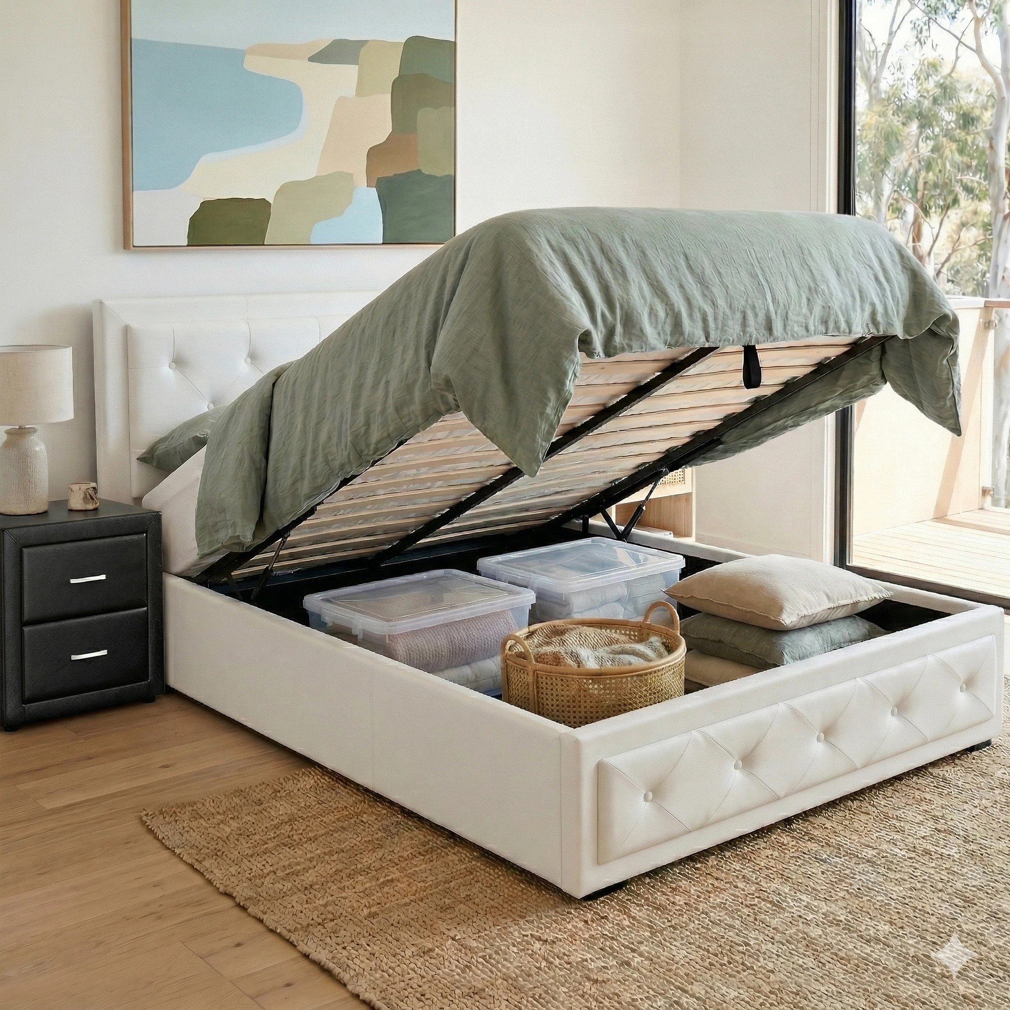 4 Artiss Bed Frame with Storage Leather Gas Lift Bed Bedside Table Set Tufted Headboard - King Single Bed - Multi, 4 of 9