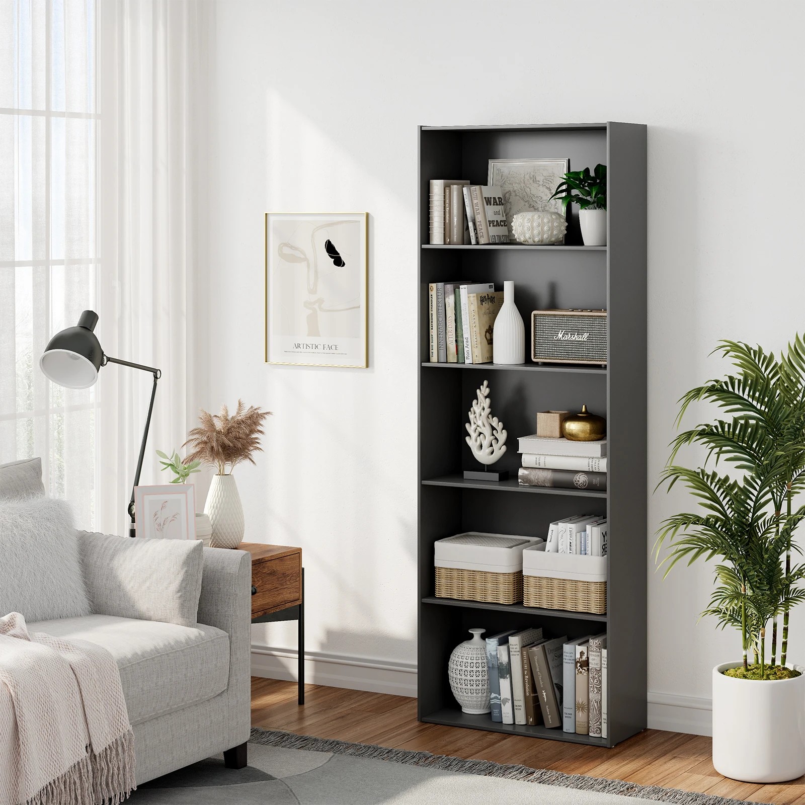 2 Costway 5-Shelf Storage Bookcase Modern Multi-Functional Display Cabinet Shelf Bookshelf - Black, 2 of 4
