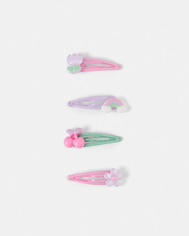 4 Pack Snap Hair Clip - Flower, Rainbow and Ch
