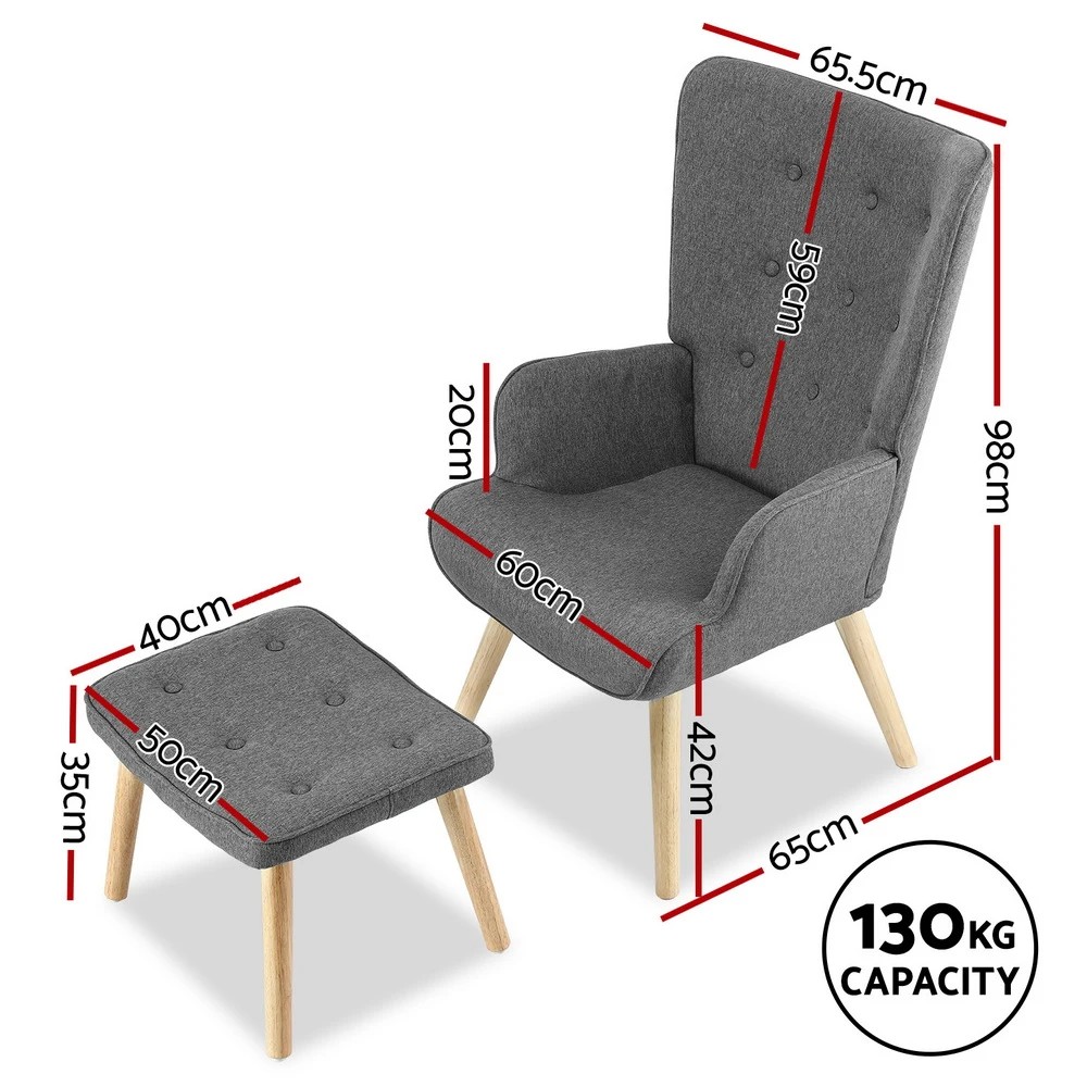 2 Artiss Armchair Set with Ottoman  Lansar - Grey, 2 of 7