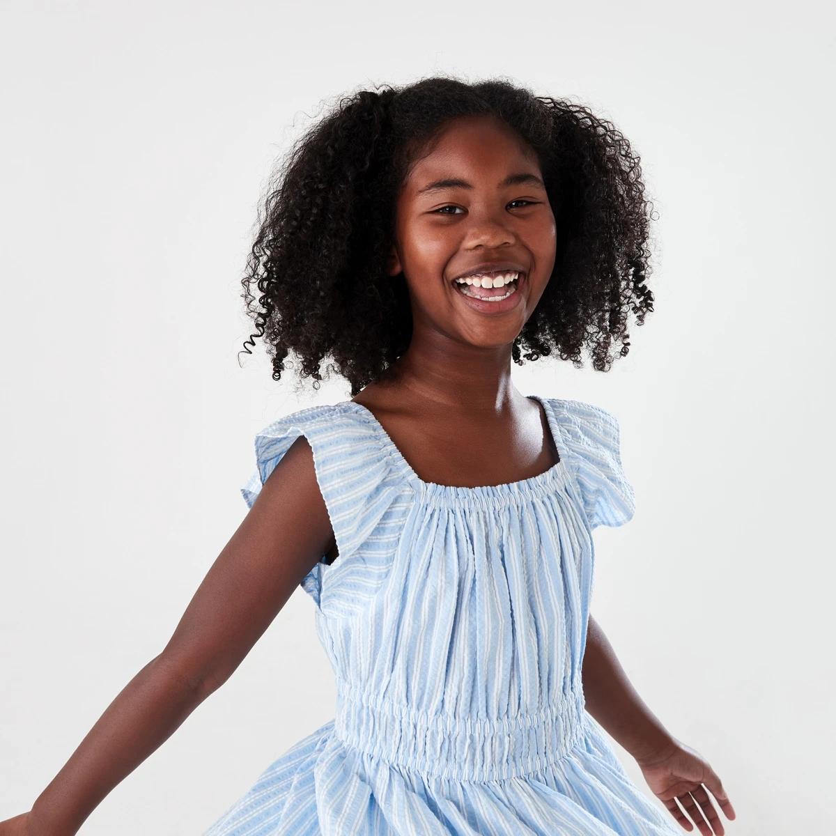 3 Shirred Frill Dress LIGHT BLUE SEERSUCKER STRIPE, 3 of 8