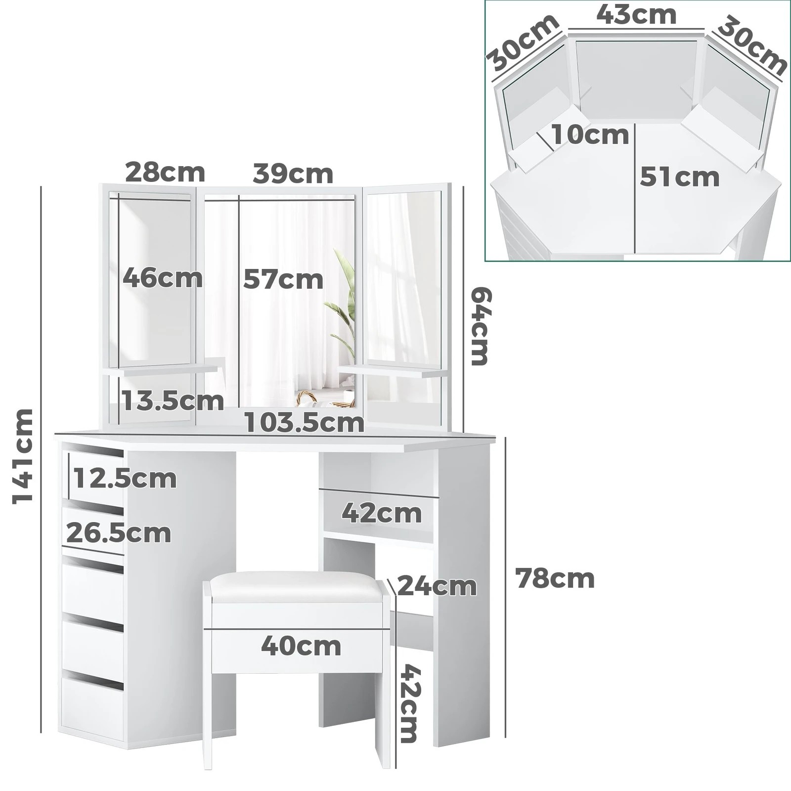 9 Alfordson Dressing Table Stool Set Makeup Tri-fold Mirror Vanity Desk - White, 9 of 10