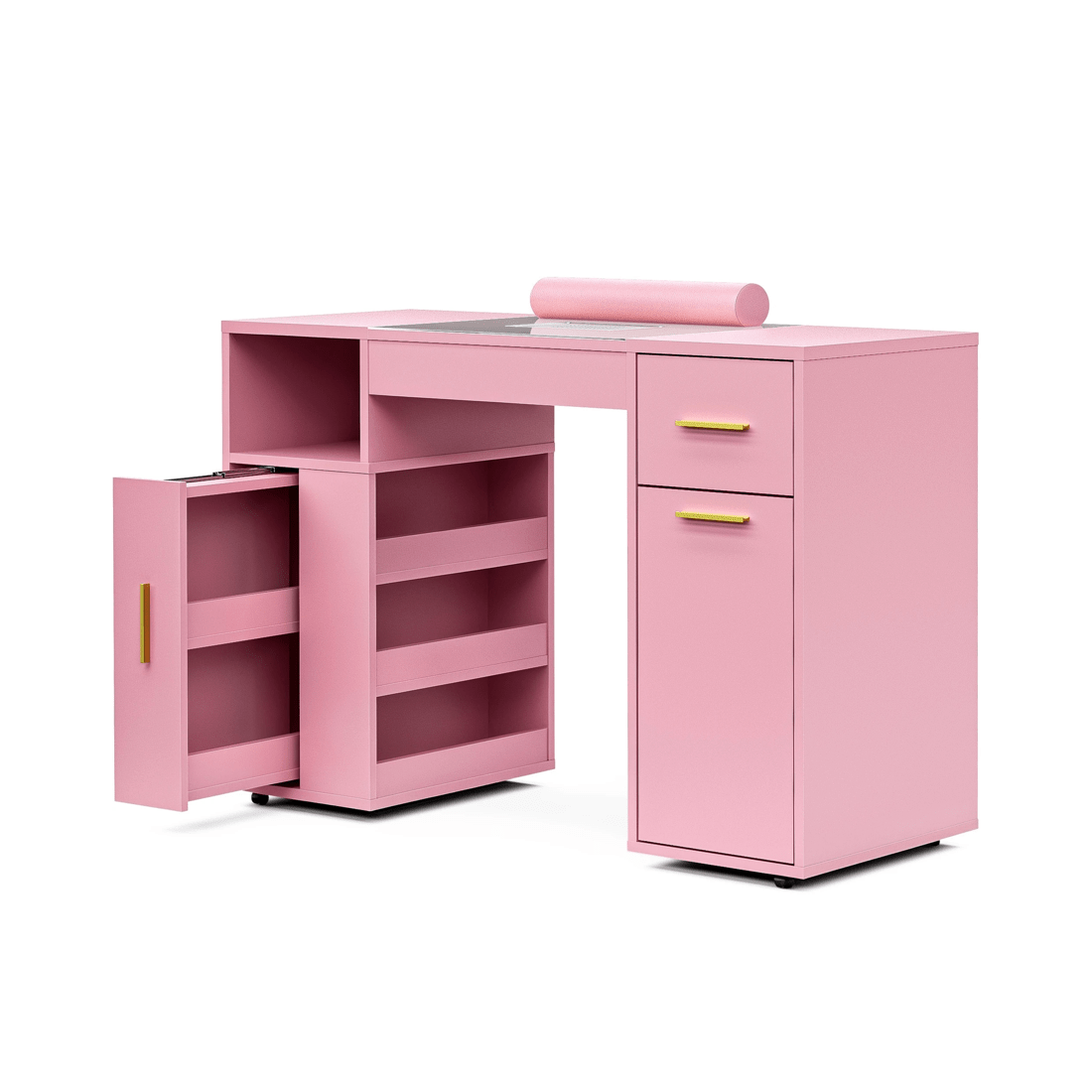 1 Advwin Manicure Table Vanity Desk With Dust Collector Glass Top Storage Cabinet
 - Pink, 1 of 9