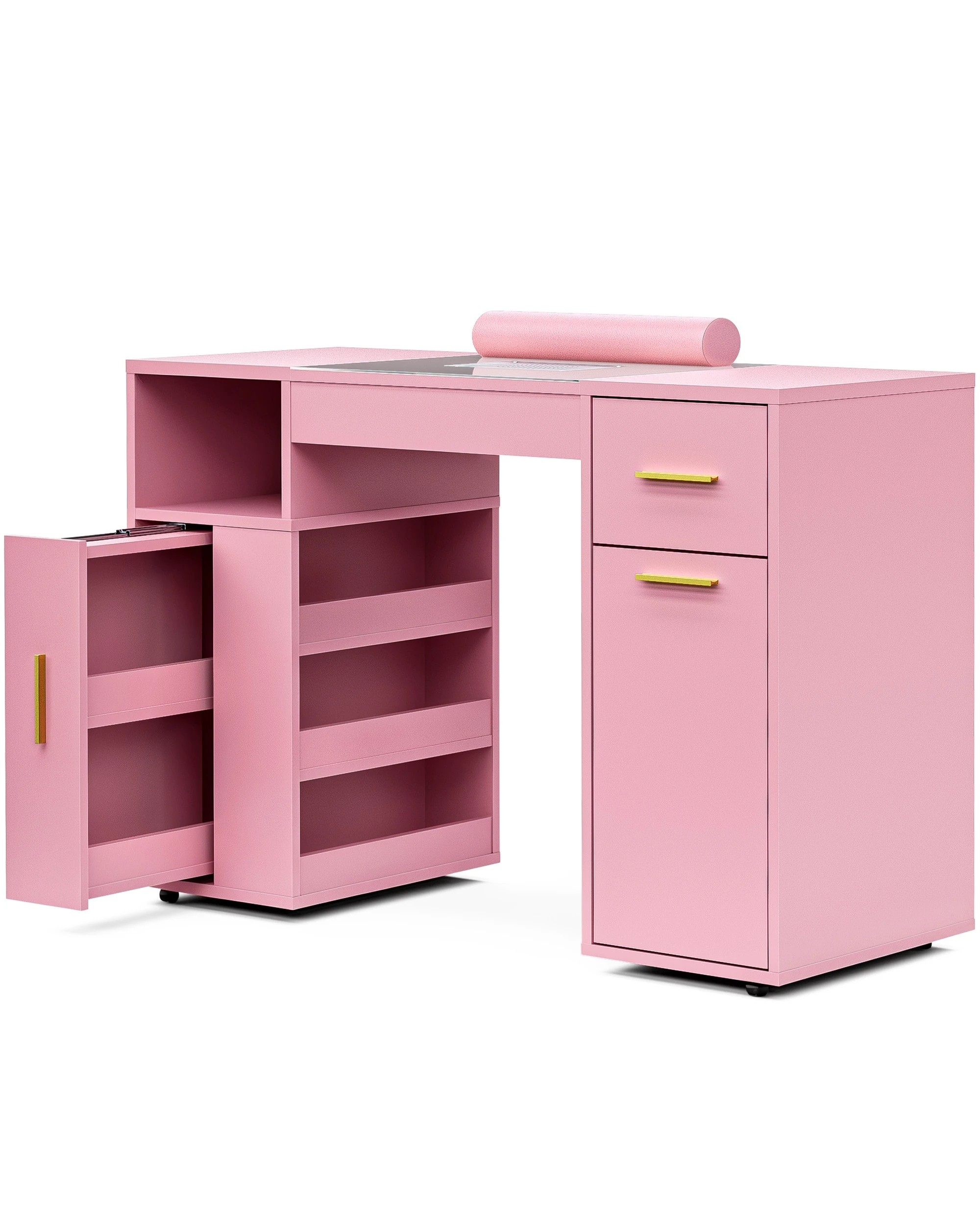 1 Advwin Manicure Table Vanity Desk With Dust Collector Glass Top Storage Cabinet
 - Pink, 1 of 9