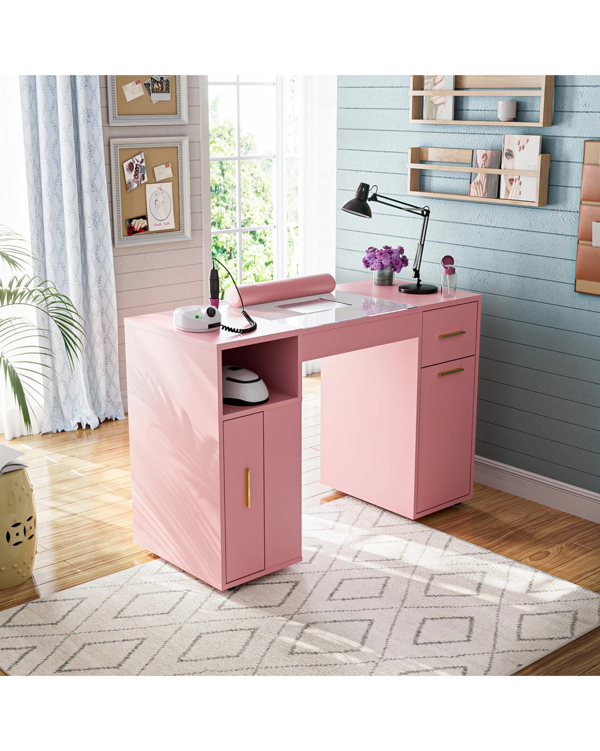 1 Advwin Manicure Table Vanity Desk With Dust Collector Glass Top Storage Cabinet
 - Pink, 1 of 9