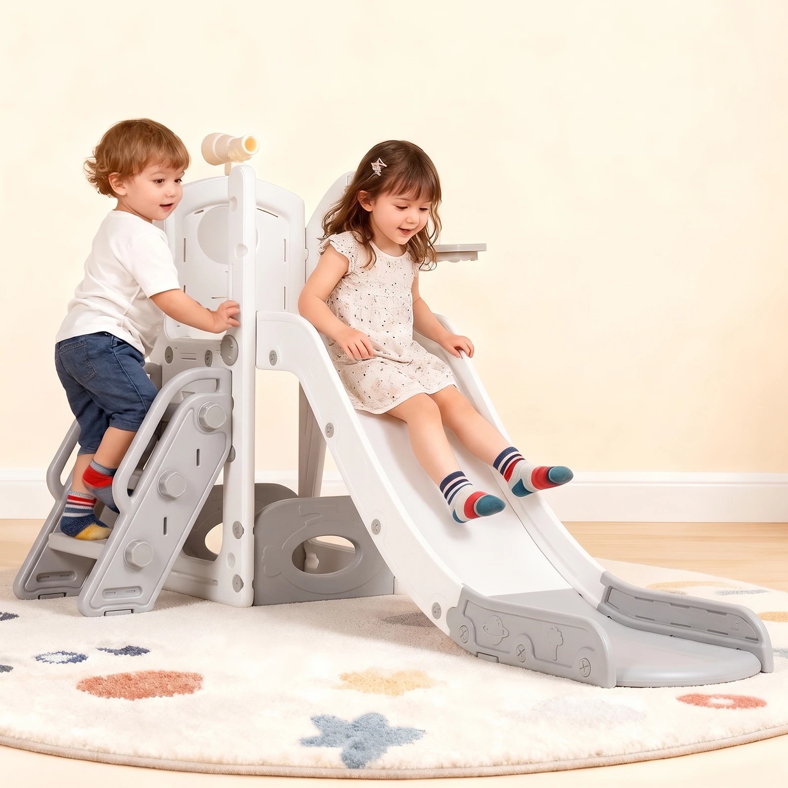 2 Advwin 6 in 1 L-Shaped Toddler Slide Indoor Baby Slide Kids Playset Outdoor Playground - Grey, 2 of 9