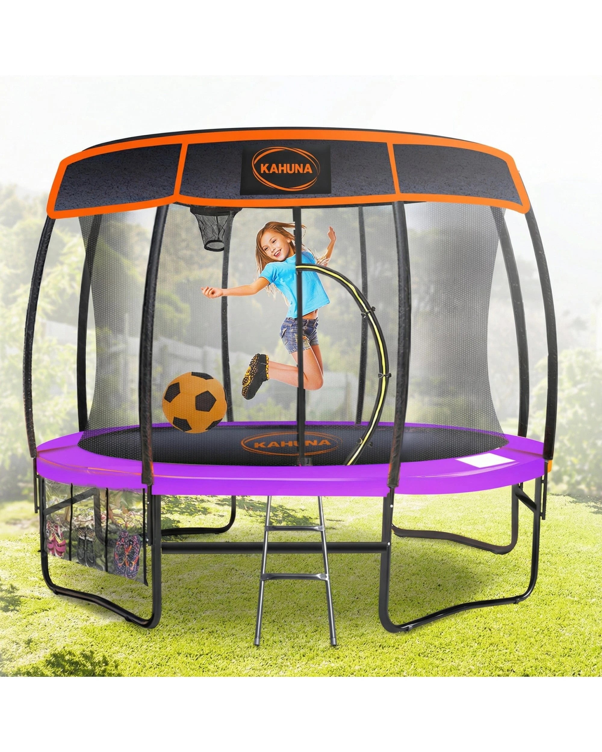 2 Kahuna Trampoline 12 ft with Basketball Set and Roof - Purple, 2 of 9