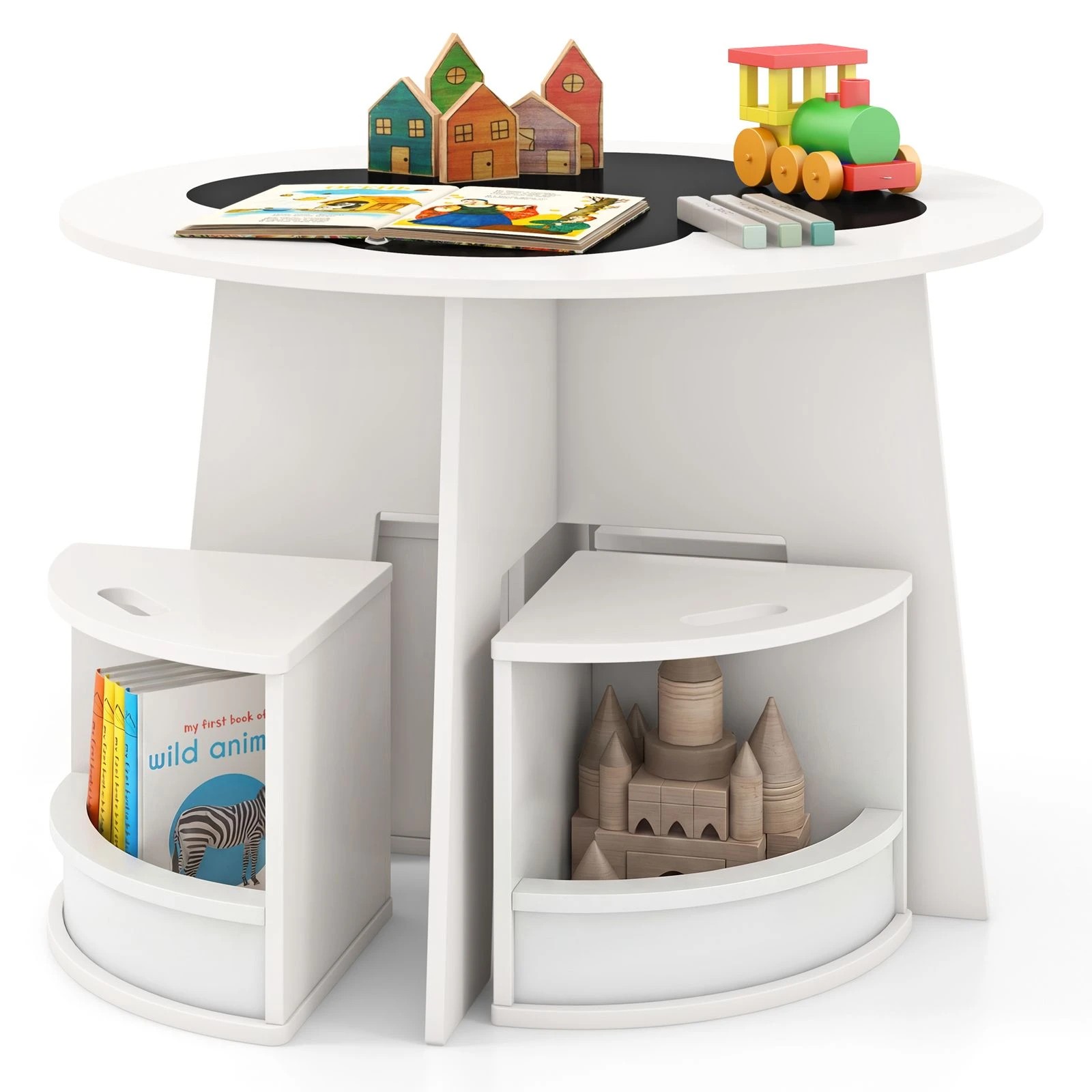 1 Costway 5PCS Table & Chair Set Activity Play Desk w/Stools & Blackboard - White, 1 of 2