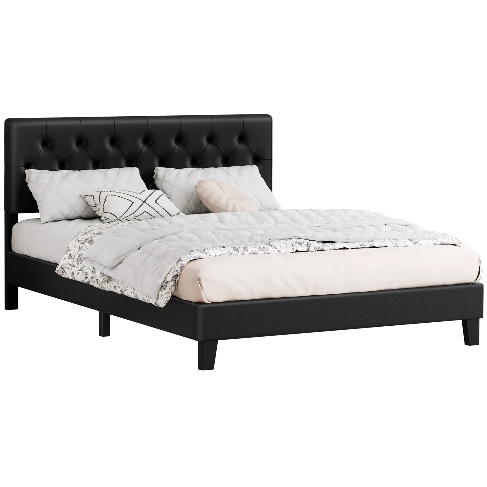 1 Alfordson Bed Frame King Size Tufted Headboard Modern Leather Meduna - Black, 1 of 9
