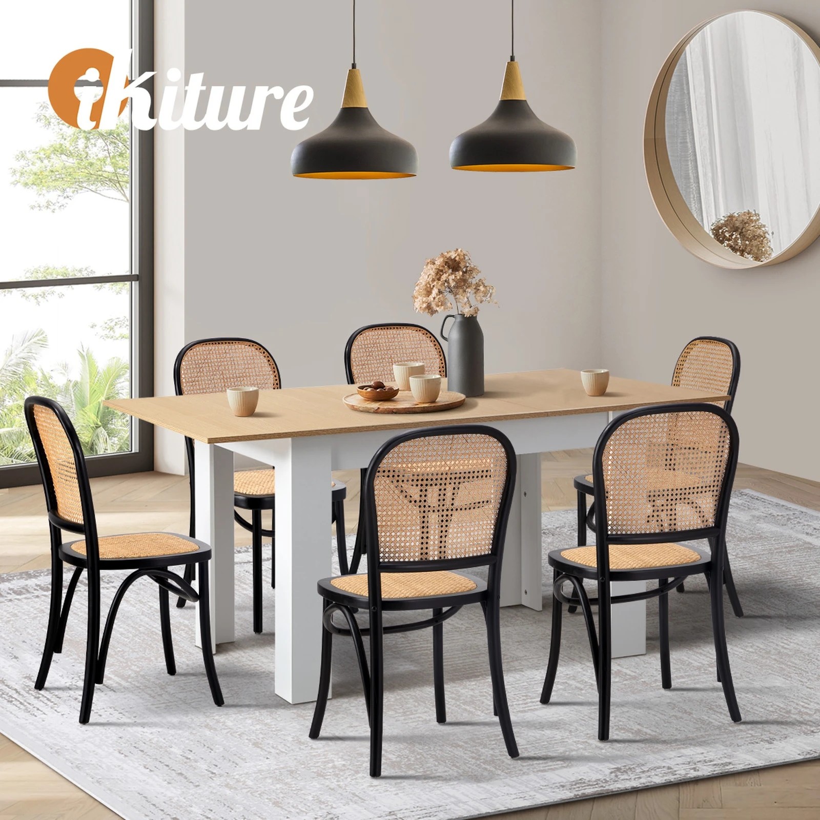 6 Oikiture 160cm Extendable Dining Table with 6PCS Dining Chairs Rattan - Multi, 6 of 9