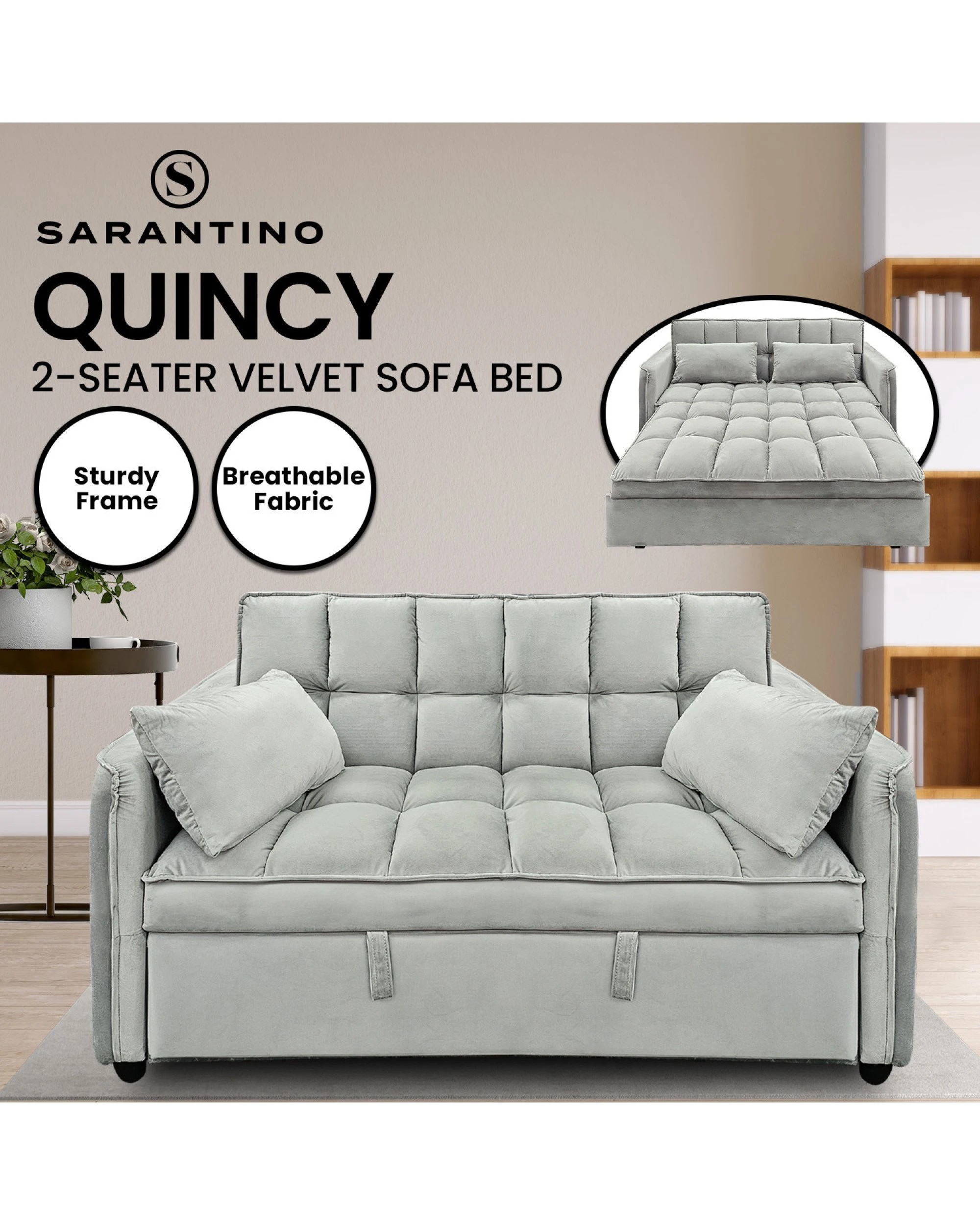 2 Sarantino Quincy 2-seater Velvet Sofa Bed In Light Grey With Wooden Frame And Tufted Design, 2 of 9
