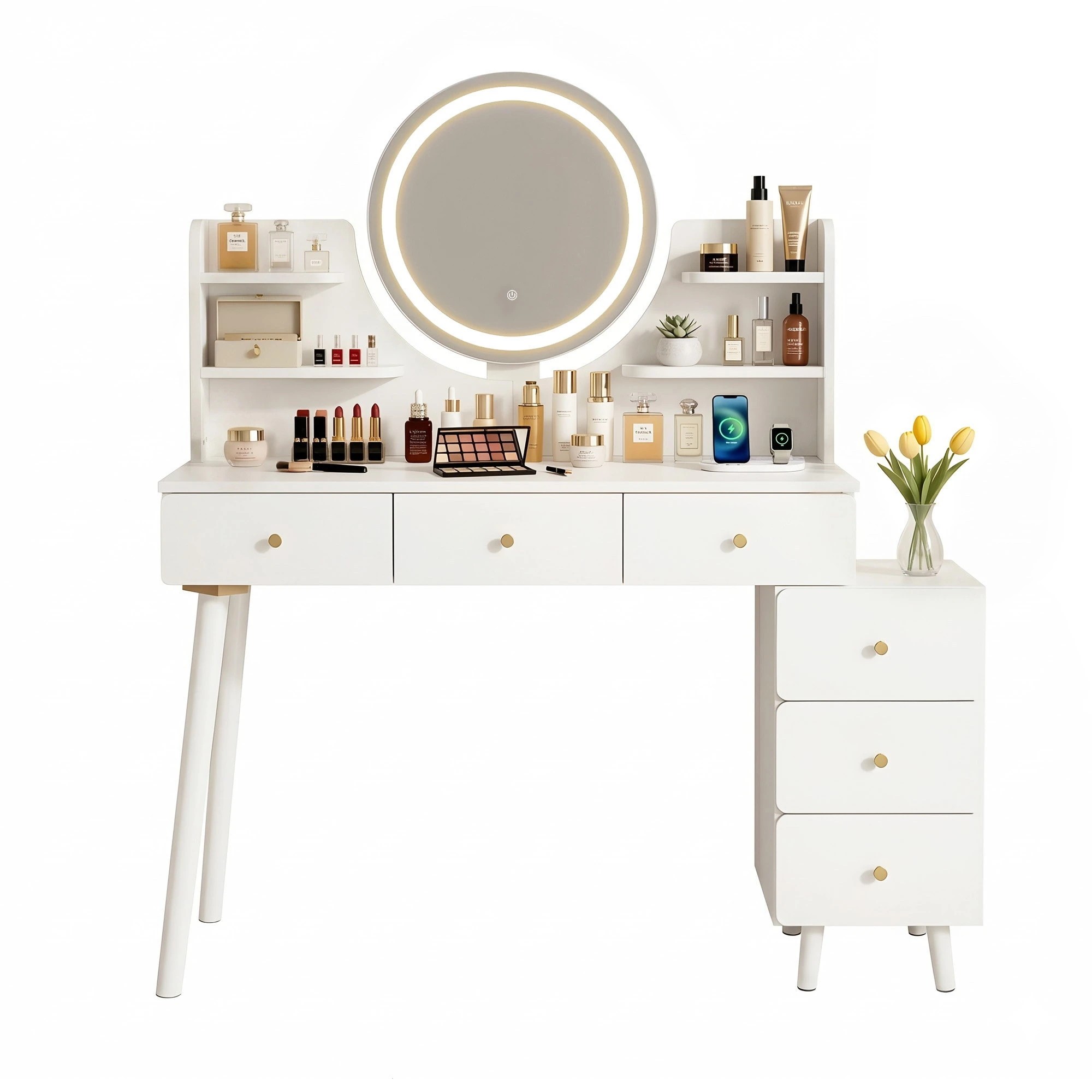 1 Artiss Dressing Table Charging Station Extendable LED Vanity Desk Mirror Storage Drawer - White, 1 of 10