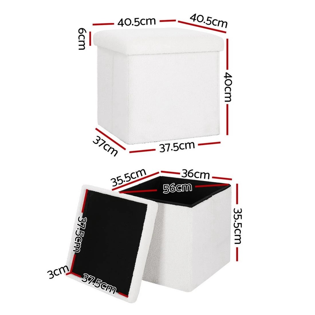 2 Artiss Ottoman Storage Foot Stool Vanity Square Teddy - White, 2 of 6