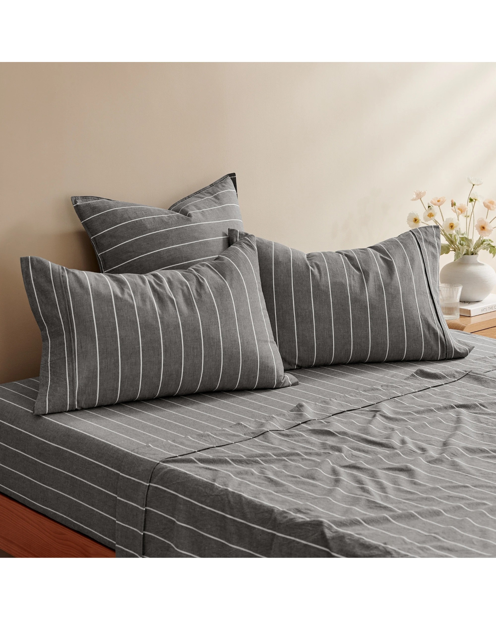 4 Dreamaker Rumi Stripe Washed Cotton Standard Pillowcase Twin Pack - Graphite with White, 4 of 4