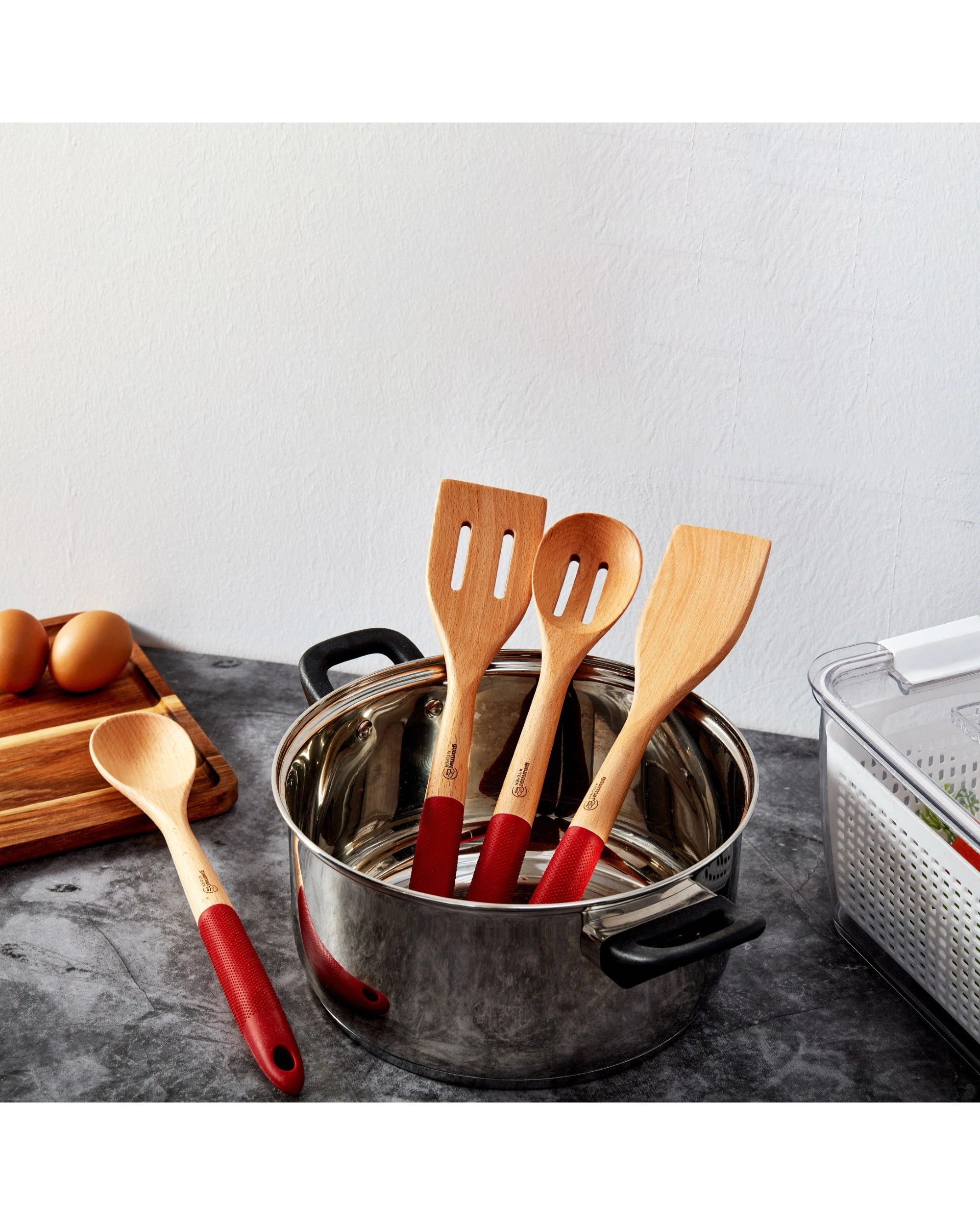 2 Gourmet Kitchen 4 Piece Rustic Beech Wood Kitchen Utensil Set with Silicone Grip - Red, 2 of 9