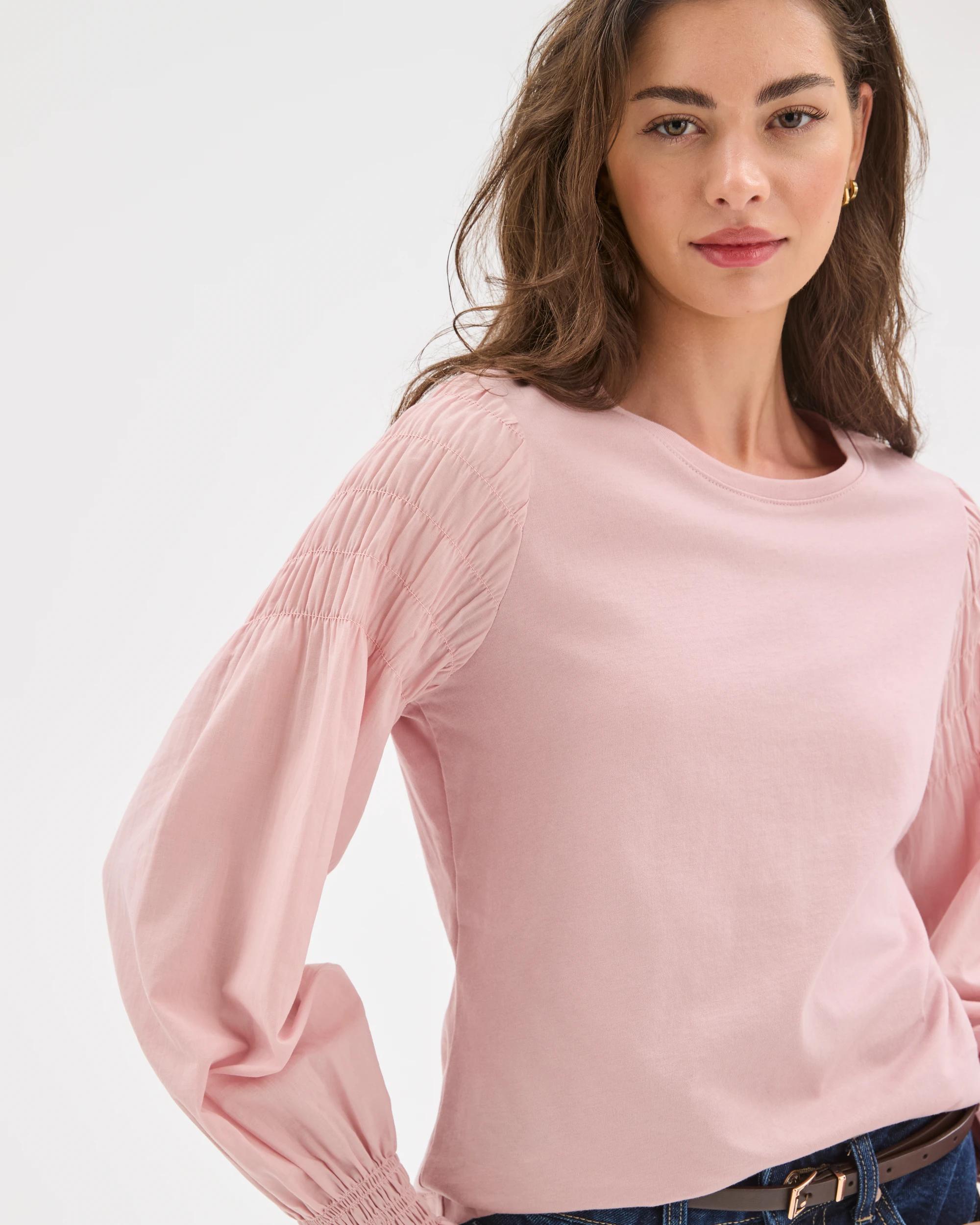 6 Target Petites Australian Cotton Long Sleeve Smocked Knit/Woven Top SOFT BLUSH, 6 of 7