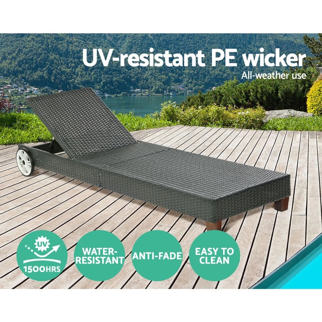 5 Gardeon Sun Lounge Wicker Lounger Outdoor Furniture Day Bed Wheels Patio - Black, 5 of 6