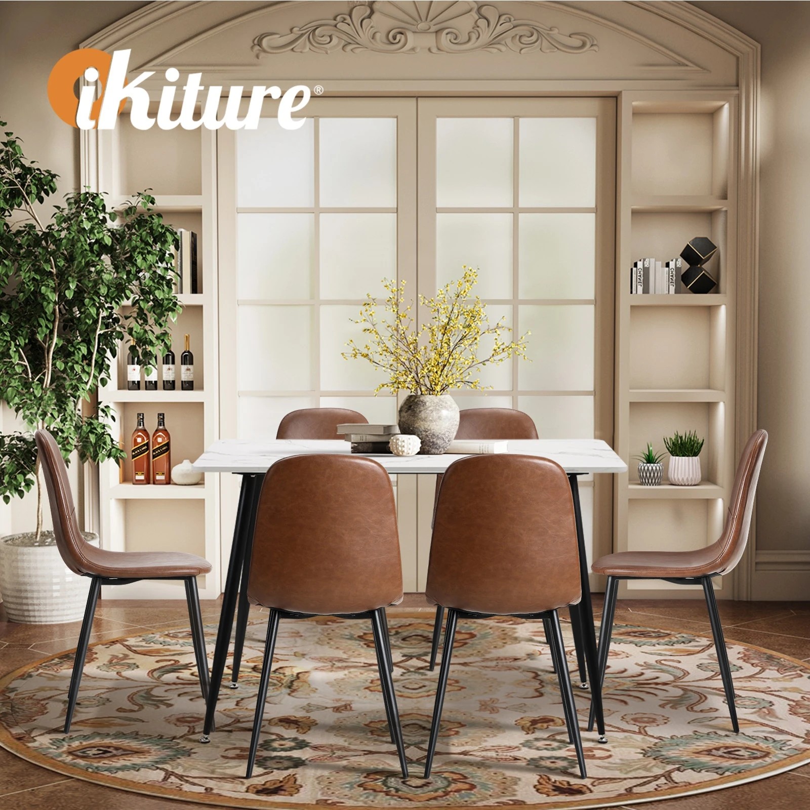 6 Oikiture 120cm Rectangle Dining Table with 6PCS Dining Chairs PU - Brown, 6 of 9