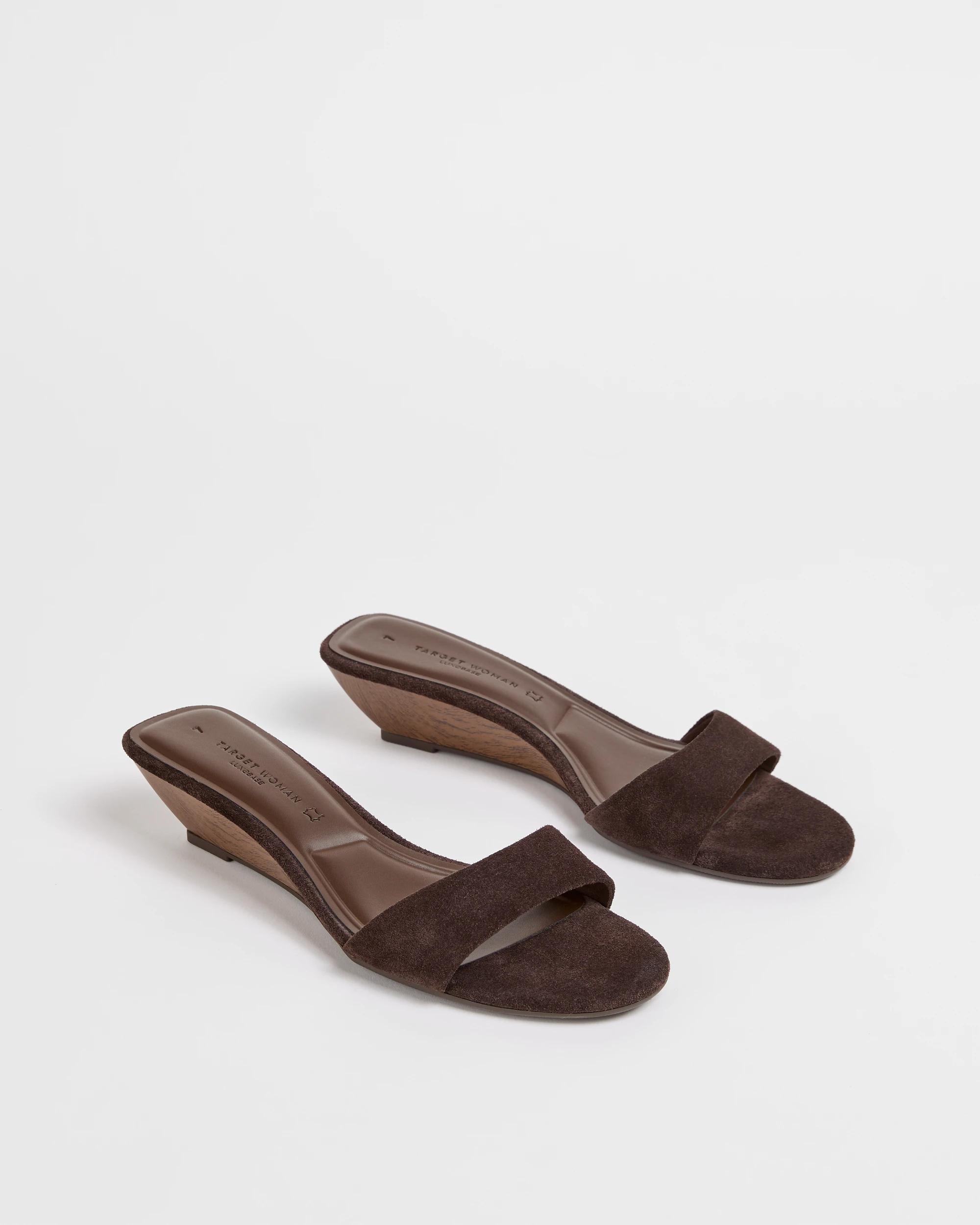 2 Target Woman Genuine Suede Leather Single Strap Low Wedge Heels CHOCOLATE, 2 of 3