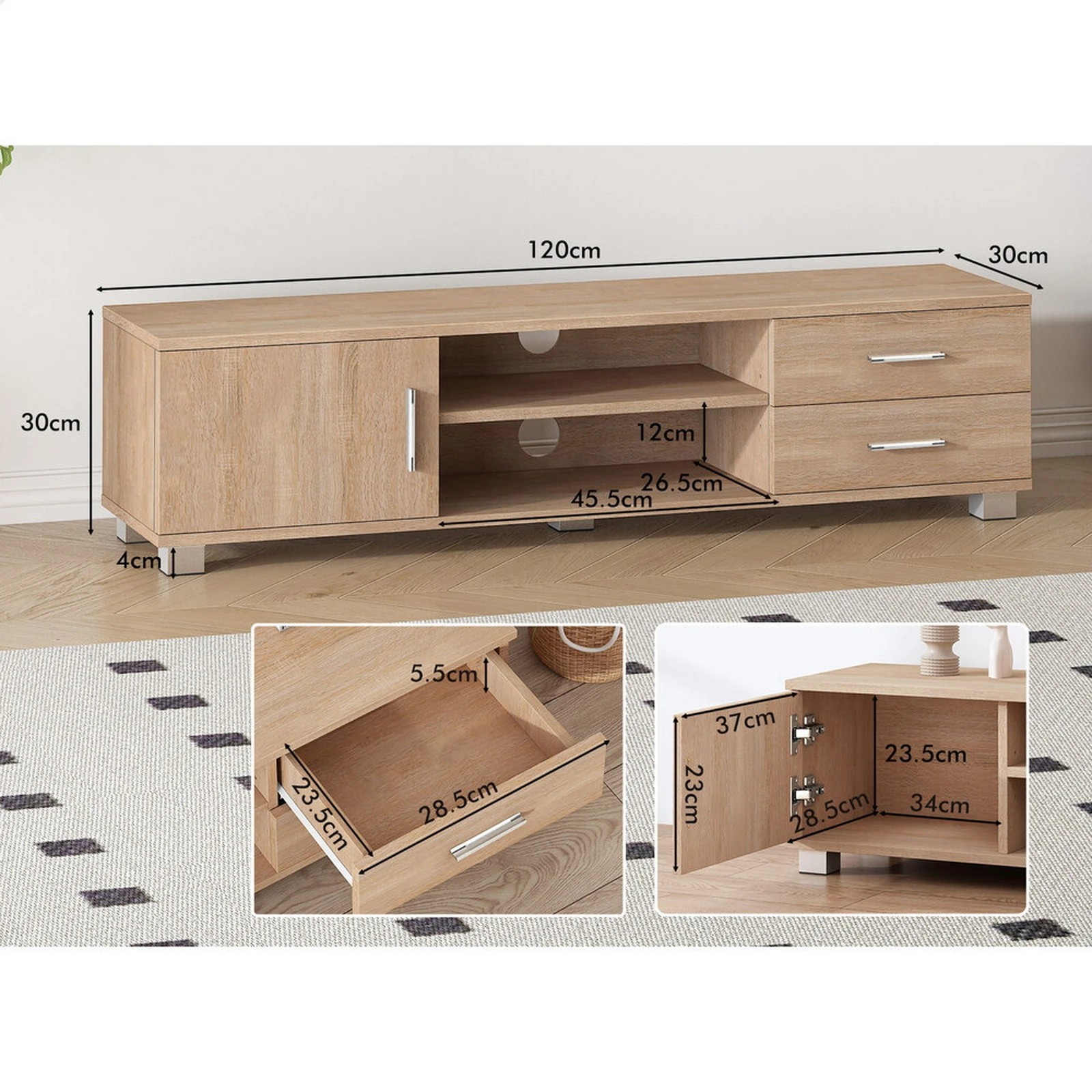 6 Alfordson Entertainment Unit TV Cabinet Stand 120cm Storage Drawer - Oak, 6 of 10